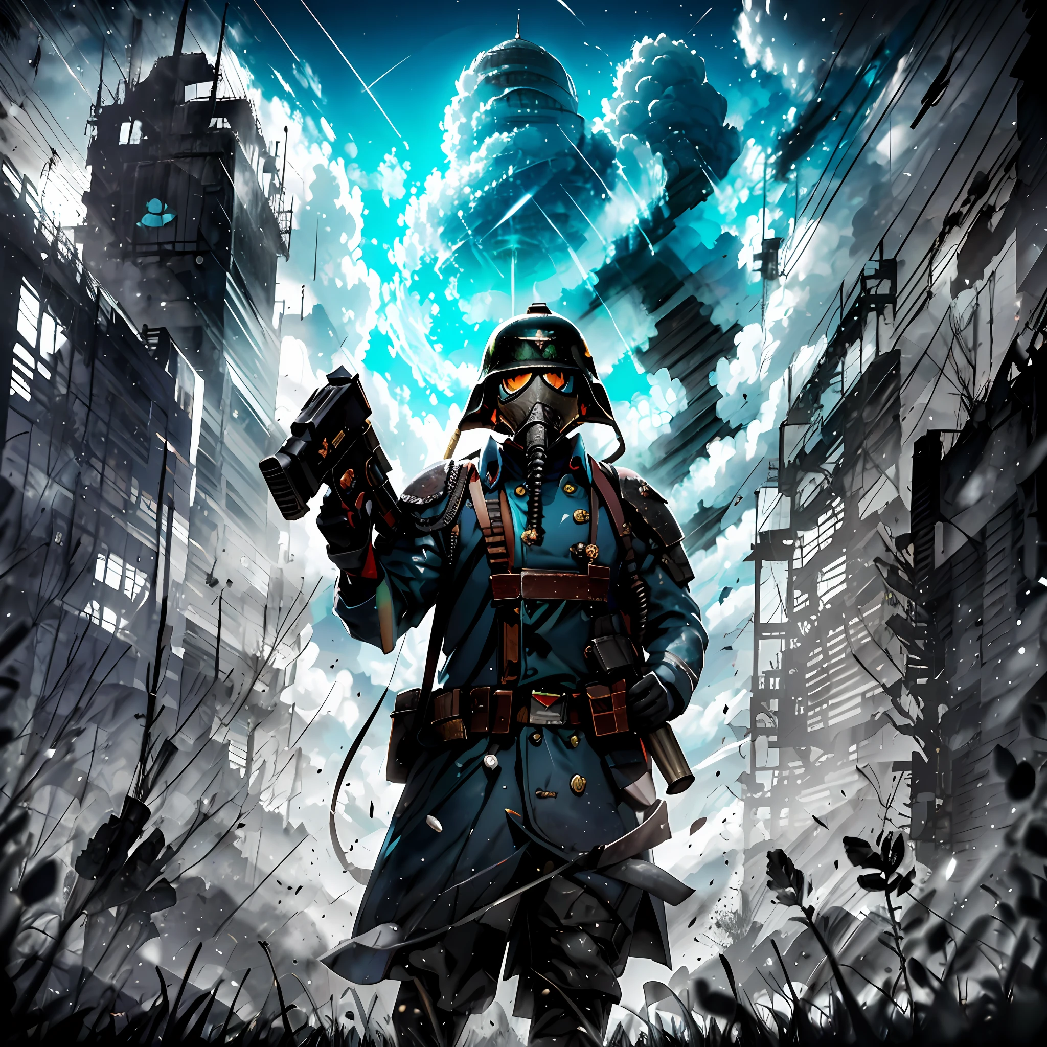 (absurdres, highres, ultra detailed),(Masterpiece, best quality:1.2),1man, leaning against a wall, holding an lmg, destroyed city,mortar craters,dust, battlefield,war,kriegsman, wearing a gas mask, wearing army helmet, surrounded by dead soldiers,dark fantasy