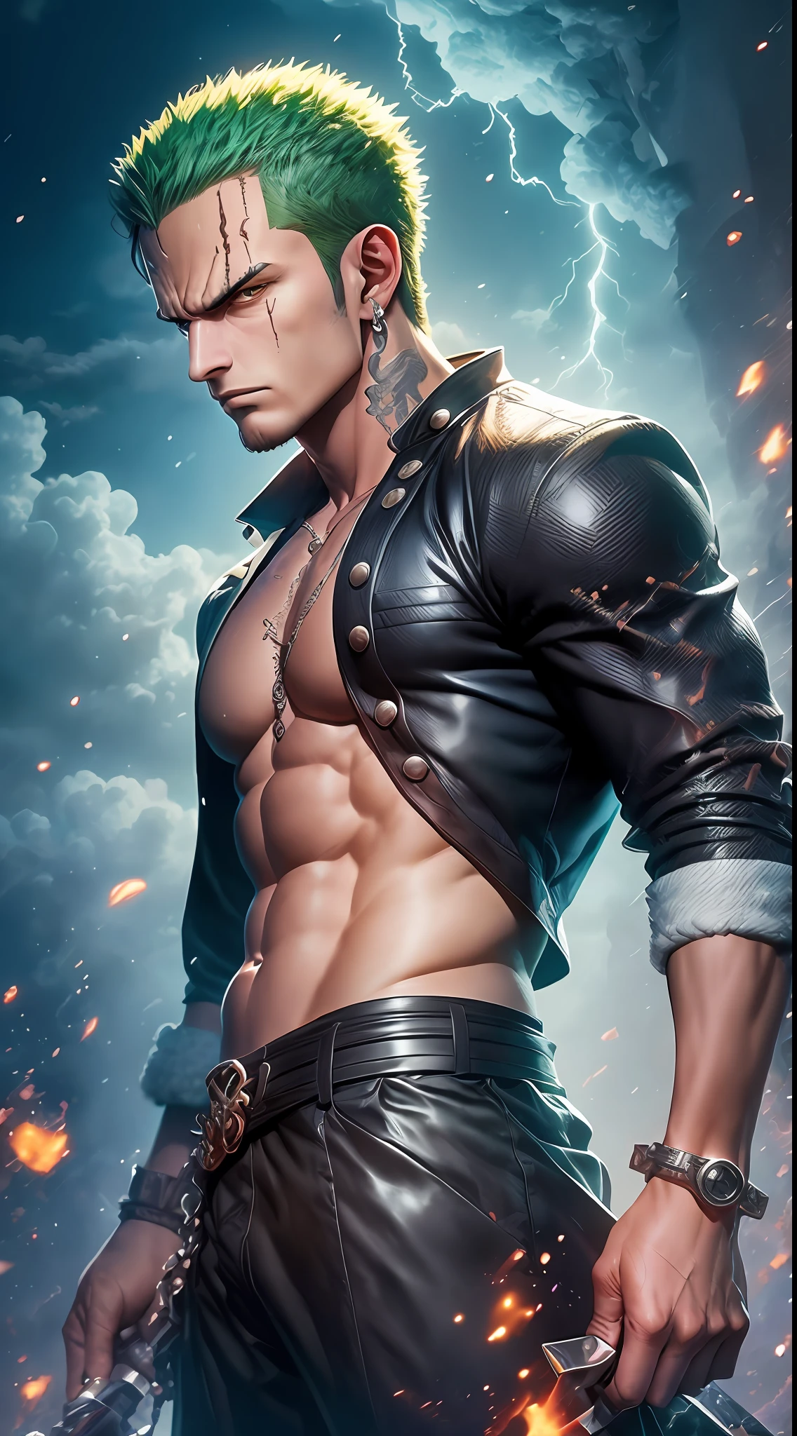 Roronoa Zoro (One Piece) standing on a mountain top, black dragon [(swirling:1.1), (majestic:1.3)] behind him with a stormy sky, lightning illuminating the scene, detailed clothing and armor with metallic finish, (realistic art style:1.4) inspired by classical oil paintings, strong shadows and highlights, intensity in the facial expression and body language, (contrast with dark background:1.2).