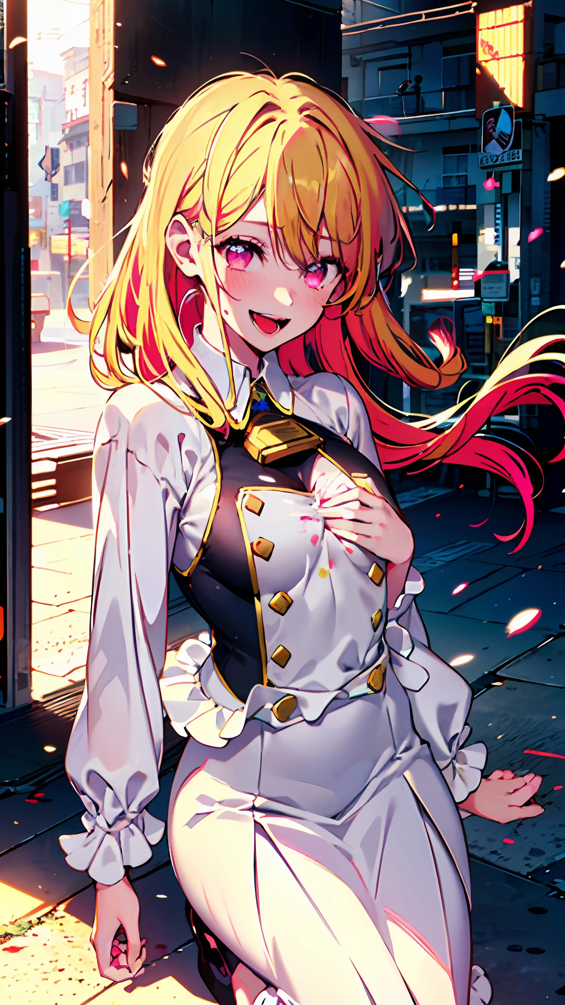 top-quality, masterpiece, tre anatomically correct, Original Characters , 1girl in, (Crazy smile:1.2) , blonde hair , bangss , Crazy eyes , hand on face, ((((You can see the chest)))), Yellow blood splatters on the face, open open mouth, (roll up eyes:1.2), (Shining Left Eye Star), Pink eyes, Pink eyes,