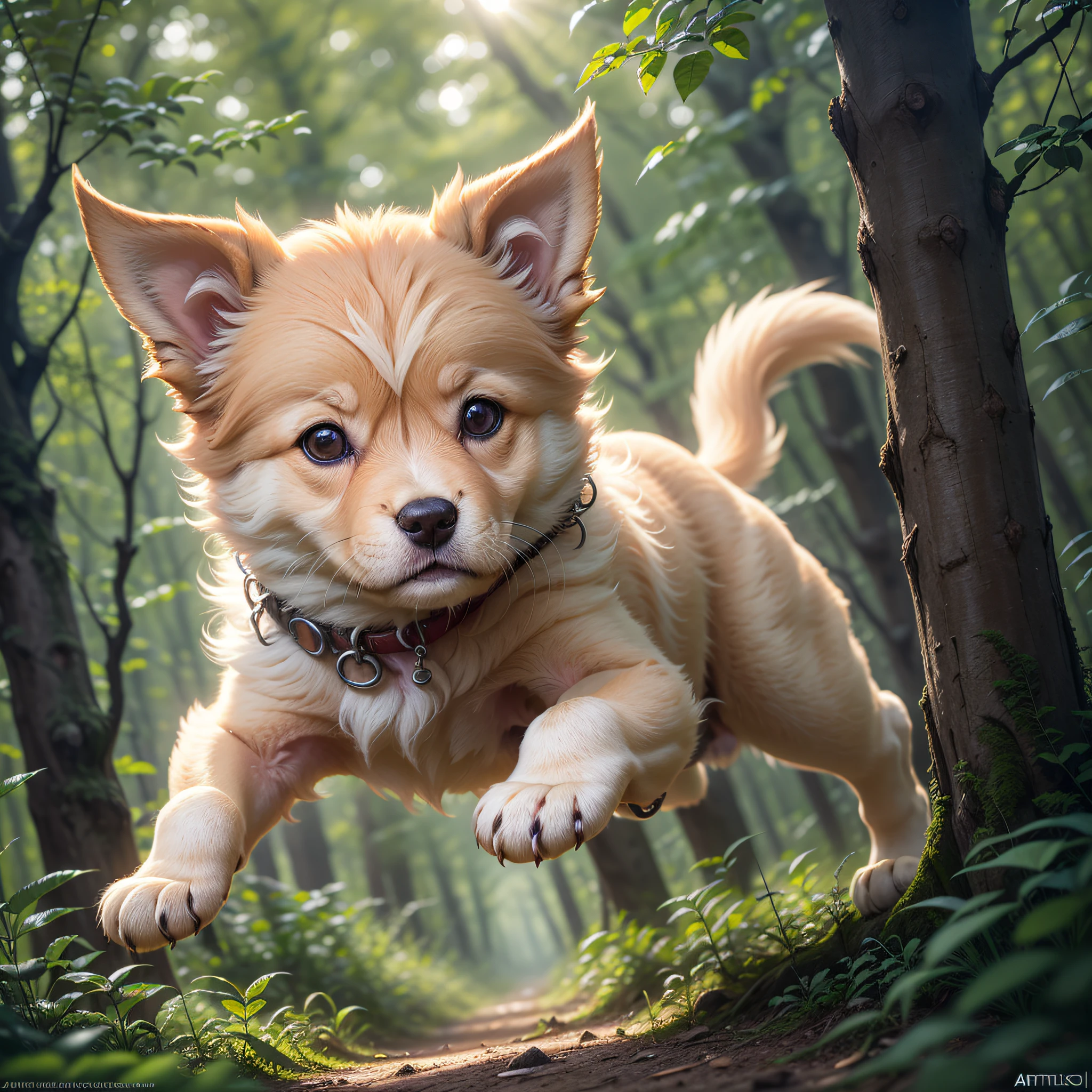 close up photo of a very cute jumping puppy in the forest, soft volumetric lights, (backlit:1.3), (cinematic:1.2), intricate details, (ArtStation:1.3), Rutkowski