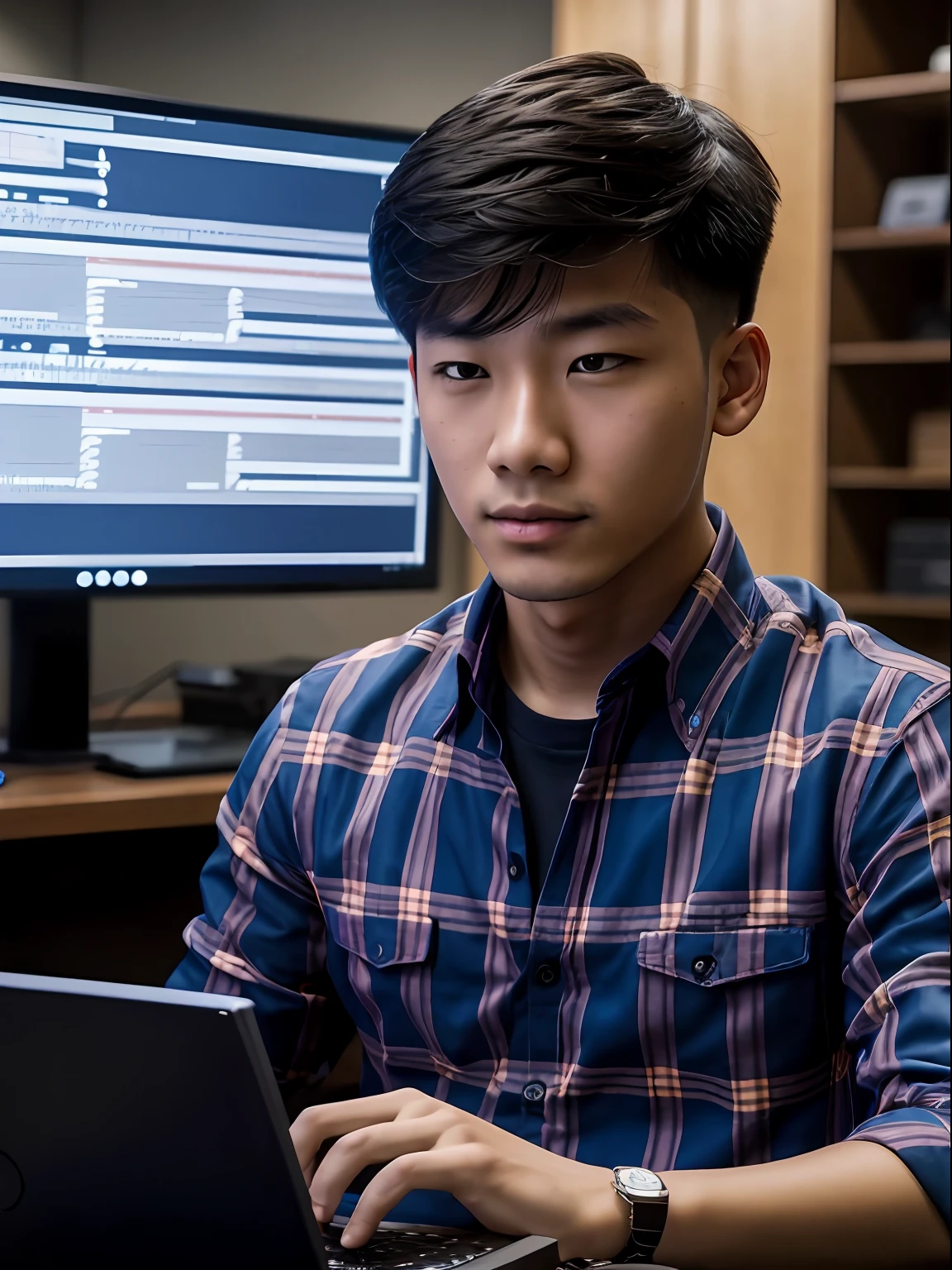 High quality, High detail, Masterpiece, 18-year-old boy,Asian programmer without glasses, Wear a plaid shirt, Code is being written, closeup cleavage, lighting, Computer background, 8K, Real Scene, Front view