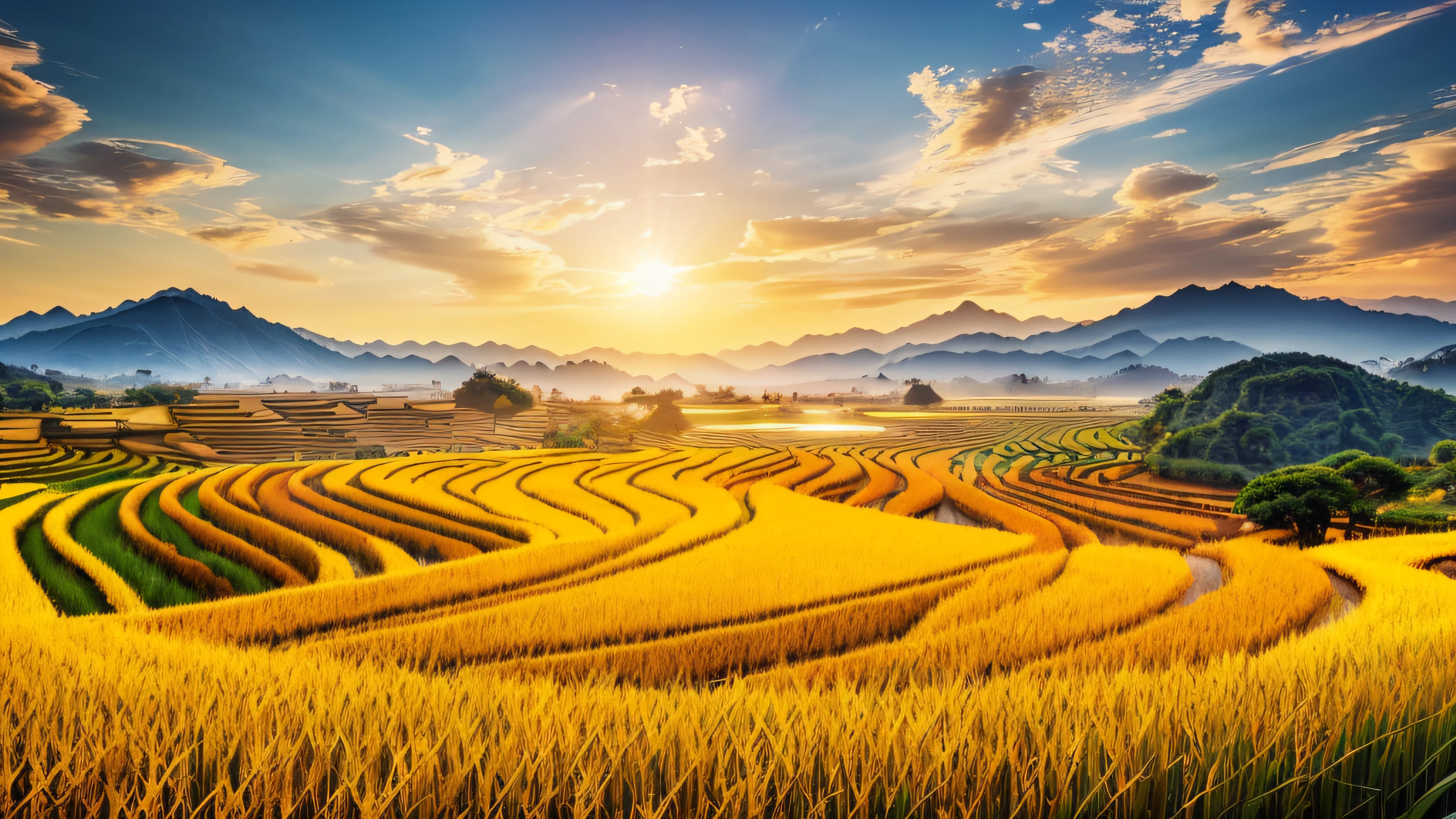 (extremely detailed CG unity 8k wallpaper, masterpiece, best quality, ultra-detailed), (best illumination, best shadow, an extremely delicate and beautiful), (realistic photo), (Golden rice fields), (dramatic lighting), (beautiful sunny day), (peaceful and relaxing atmosphere)