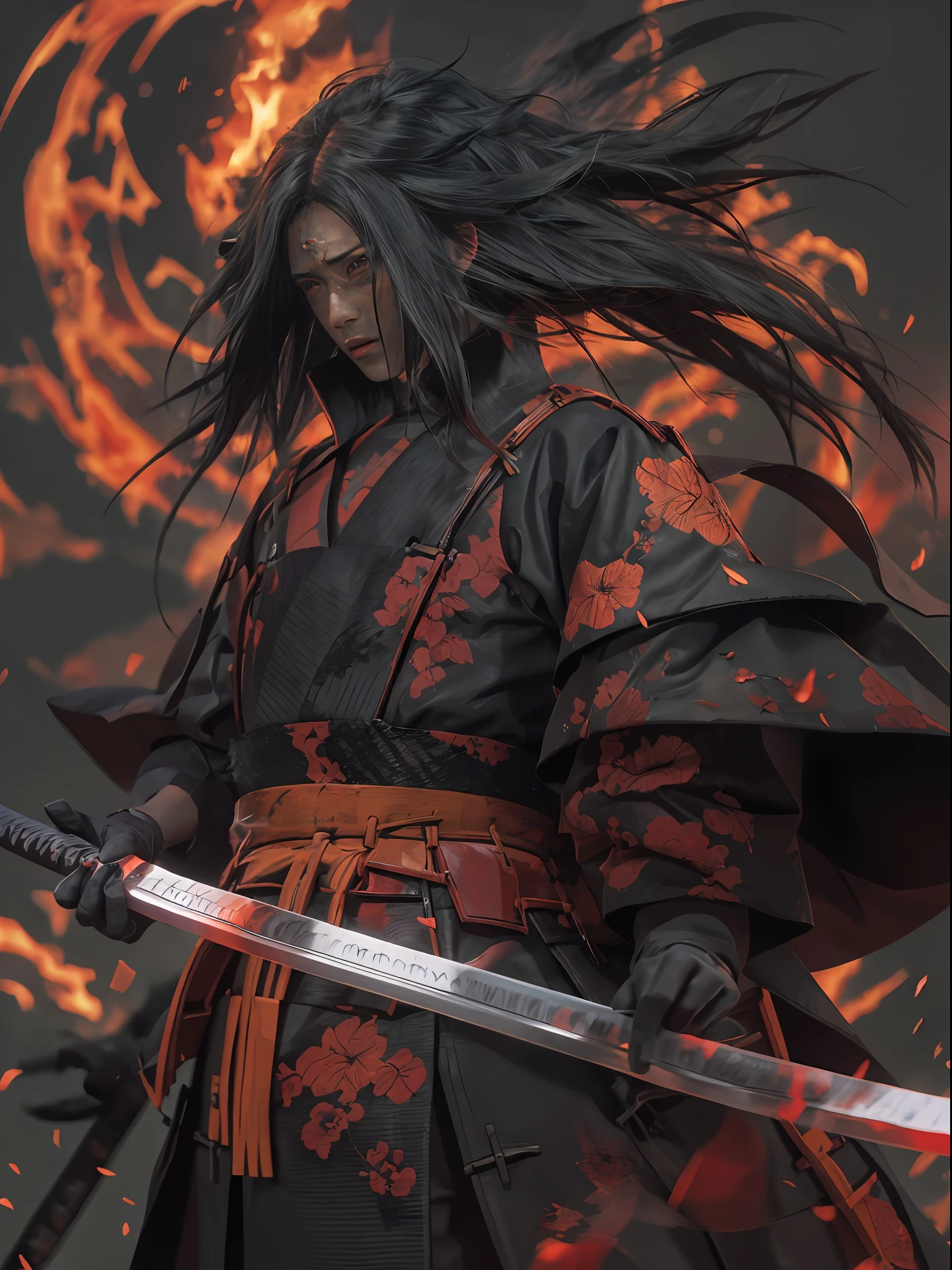 uchiha madara+long hair+hair over one eye+japanese clothes+black gloves+intricate maximalism+(((fire of war)))+(((samurai)))+red sun+(((portrait)))+octane render+katana