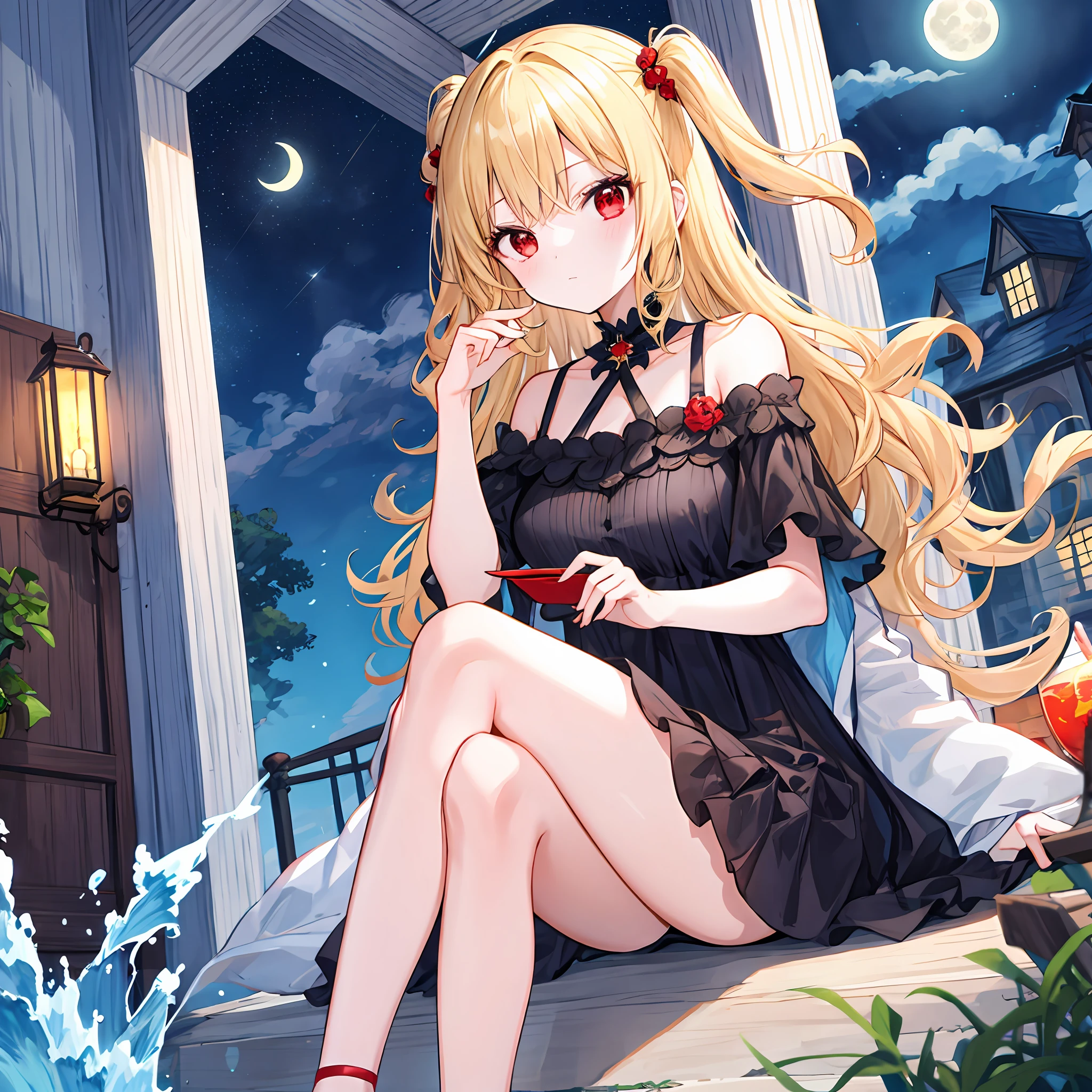 Wavy blonde girl、独奏、red eyes、doress、off shoulders、Midnight、a moon、sitting on
