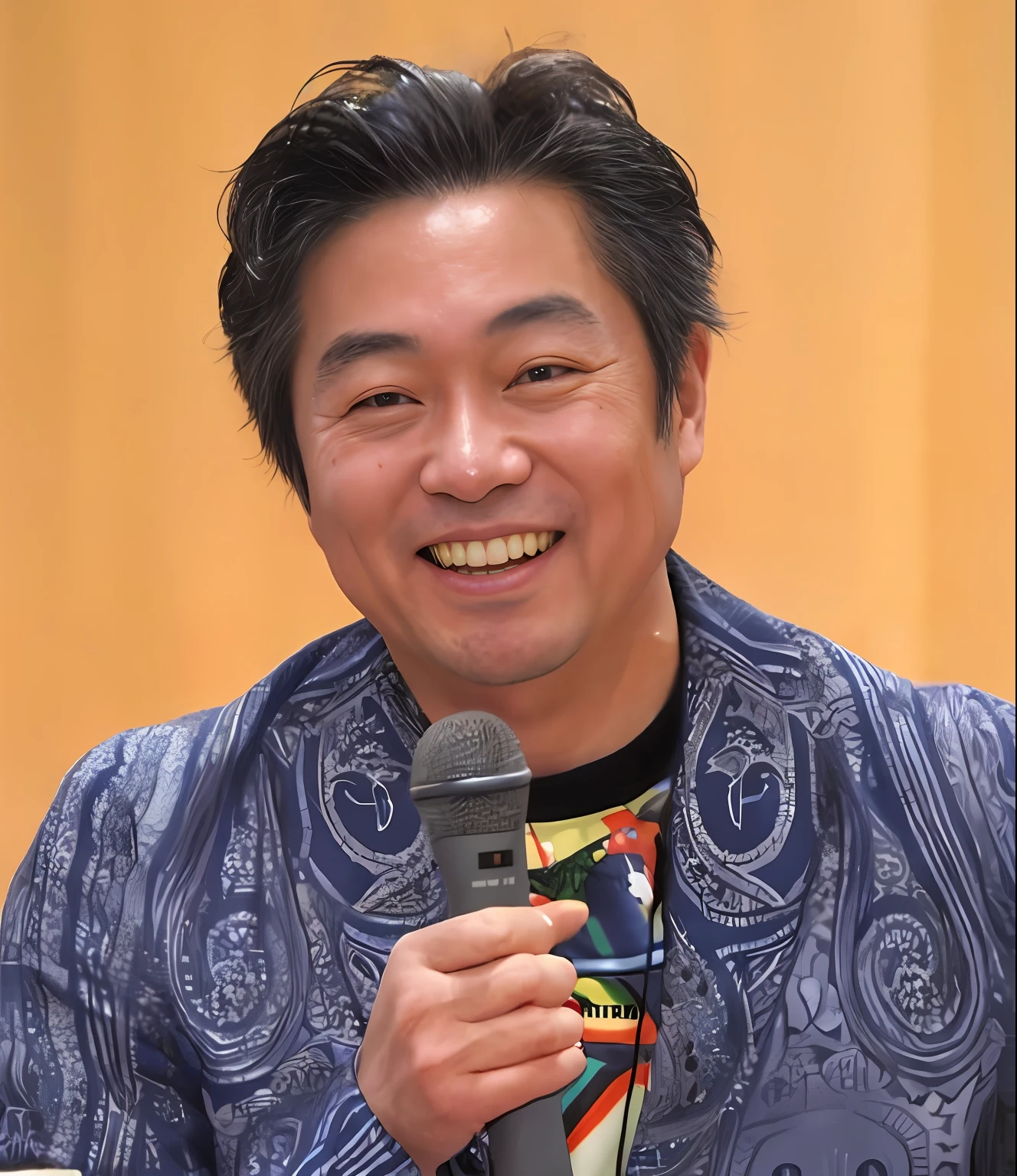 Hold the microphone、Smiling man smiling at camera, yoji takeshige, kazuya takahashi, yoshitaka amano, takashi takeuchi, kazuki takahashi, Hiroaki Tsutsumi Style, Kohei Horikoshi, shusei nagaoka, takashi takeuchi, shotaro ishinomori