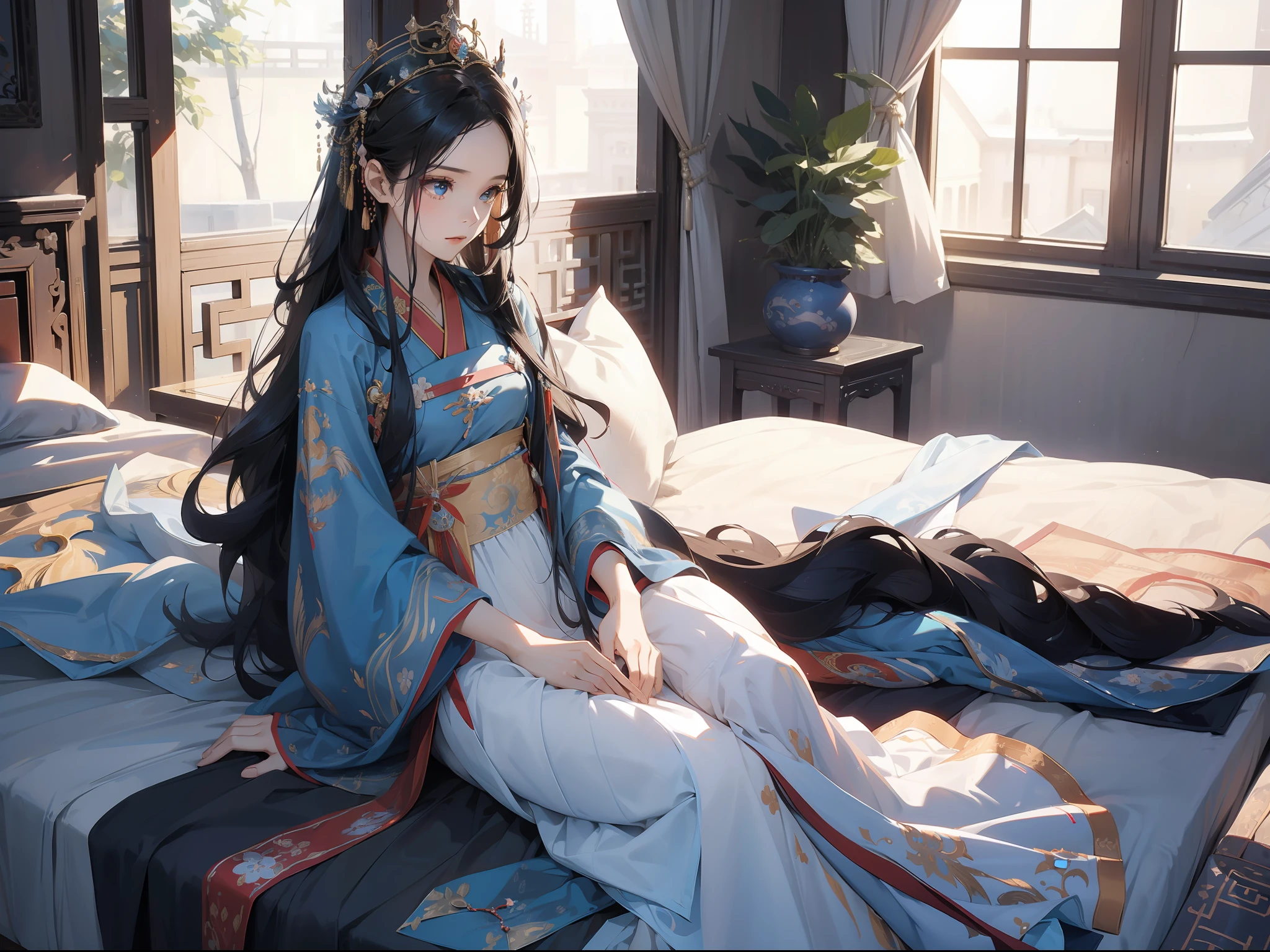 The residence of the princess，1.The girl sat on the edge of the bed crying，1 Long black hair，Phoenix crown，elaborate Hanfu，Blue and white Hanfu，