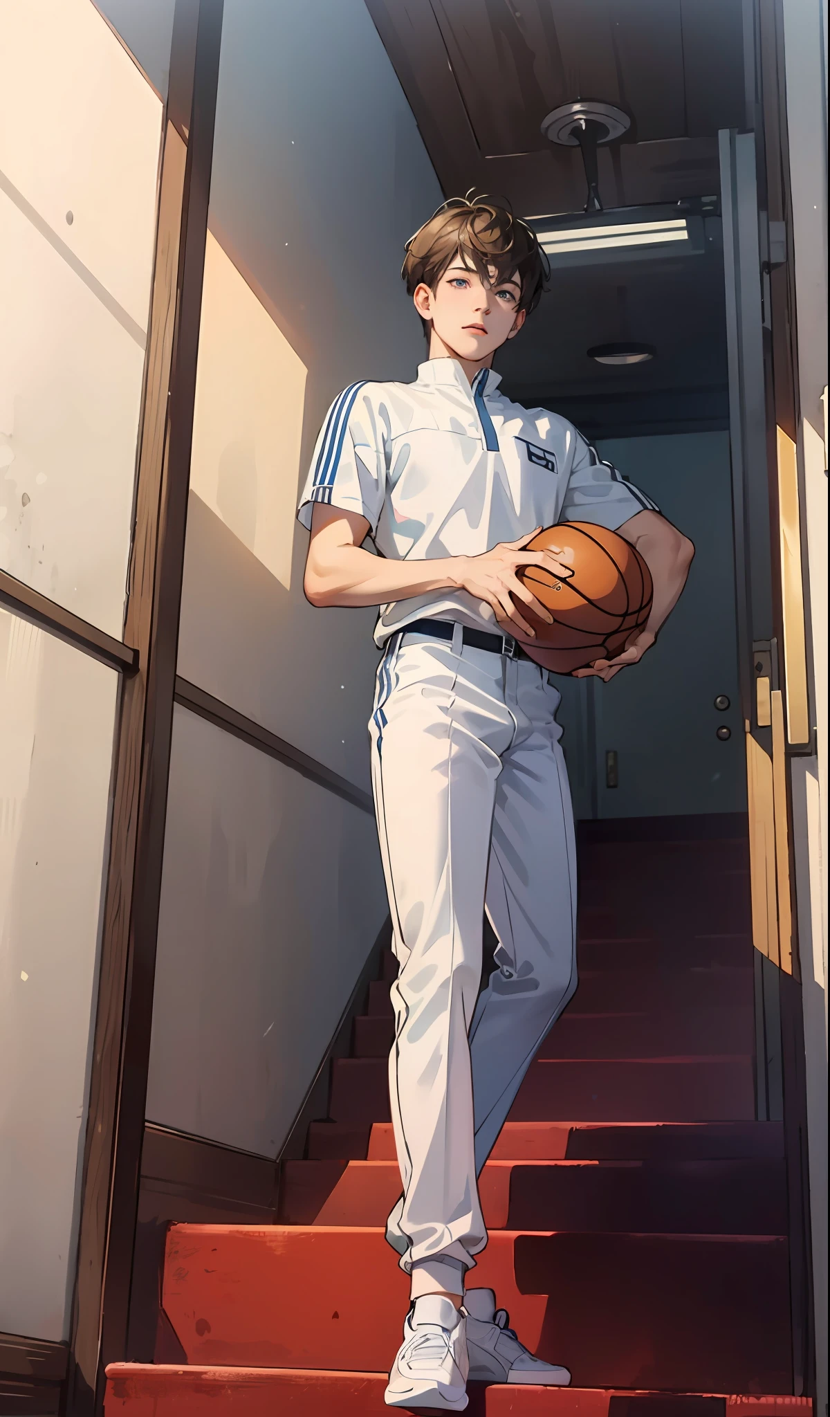 （hoang lap，A high resolution，Hyper-detailing），（（tmasterpiece）），（（best qualtiy：1.1）），A high resolution，8K，1boy，（Crotch bulge：1.1），shaded face，（White Nike basketball socks：1.1），（White ribbed socks：1.2），Socks are not present，Invisible socks，Toes under socks，shorter pants，Seamless socks，（puffynipple，（from below：1.1），
 eBlue eyes， looking at viewert， short detailed hair， Facial， athlete，
Stand on the steps of the school stairs，style of anime，inside in room，allure