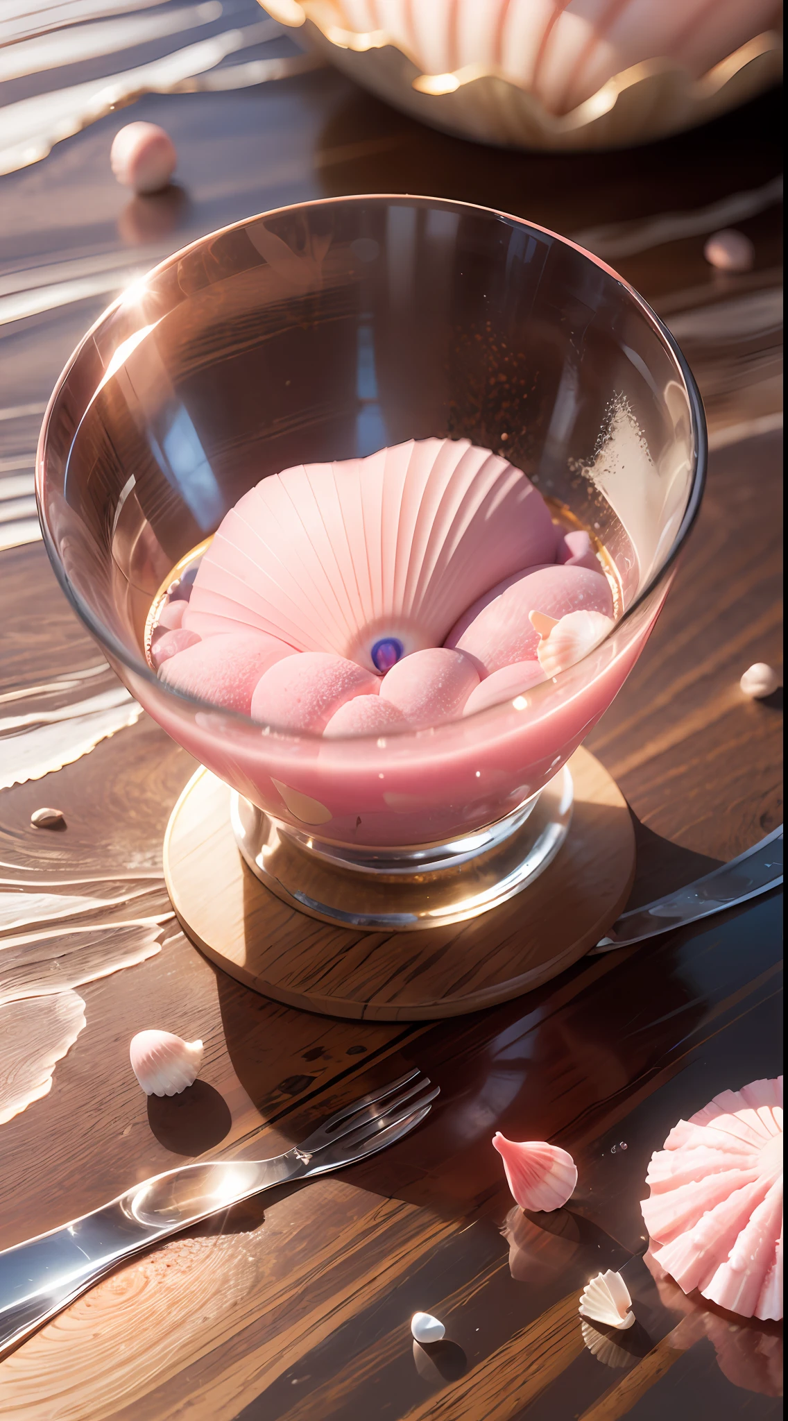 (8K, Raw photo, Best Quality, masutepiece: 1.2), (Realistic, Realistic: 1.37) There are many pink shells on the beach, there is water, pearls, pearls and shells, soft spills, Pearlization, pink jellyfish everywhere, soft 3D rendering, ethereal bubbles, bubble landscape, Iray shader, Soft pink, pink reflections, pearl sky, shells, paradise pink, Pastel colors, pink pastels,Pink Fairy