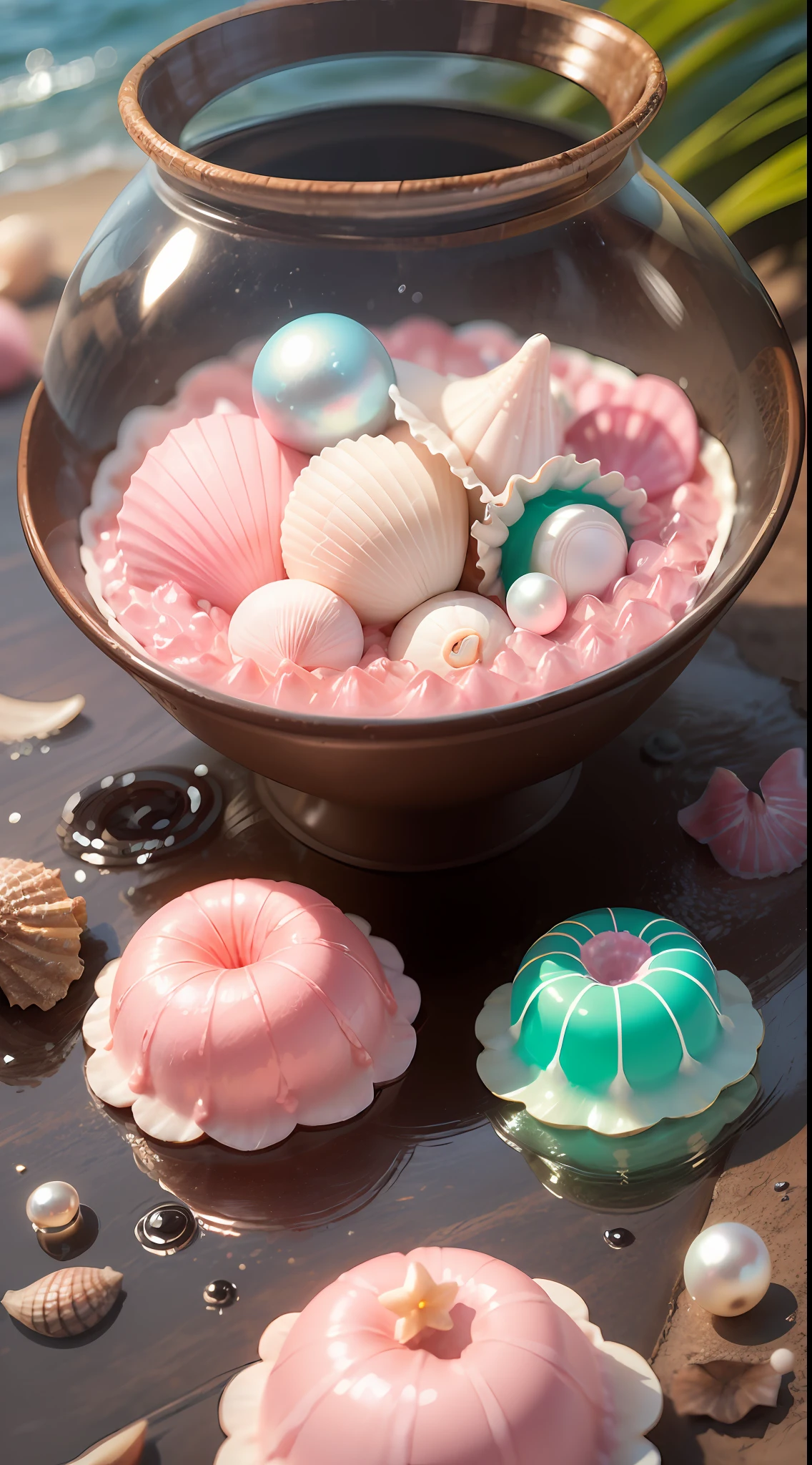 (8K, Raw photo, Best Quality, masutepiece: 1.2), (Realistic, Realistic: 1.37) There are many pink shells on the beach, there is water, pearls, pearls and shells, soft spills, Pearlization, pink jellyfish everywhere, soft 3D rendering, ethereal bubbles, bubble landscape, Iray shader, Soft pink, pink reflections, pearl sky, shells, paradise pink, Pastel colors, pink pastels,Pink Fairy