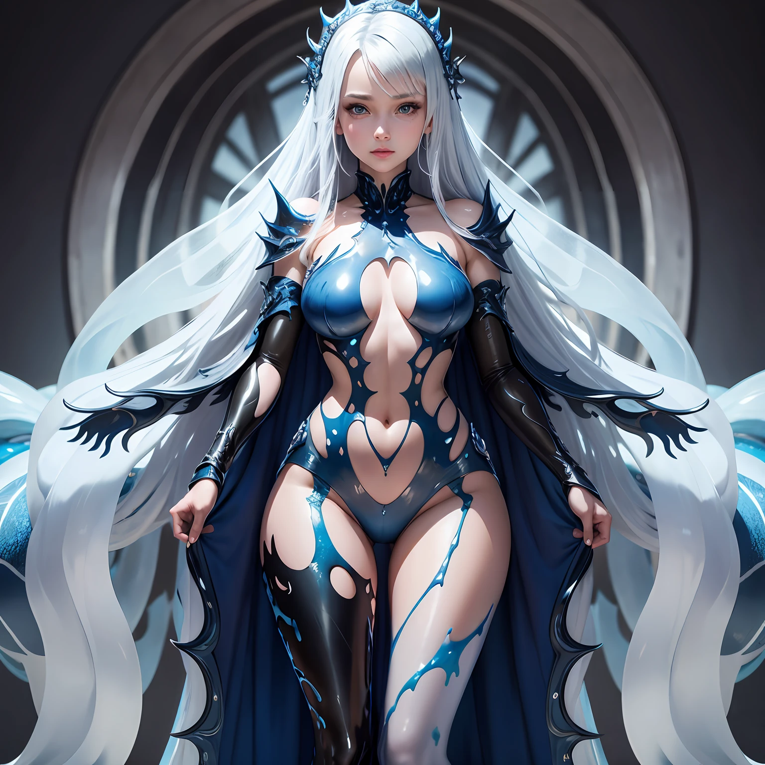 Transparent blue slime, Silver Venom penetrates details, girl, perfectly beautiful face, full body