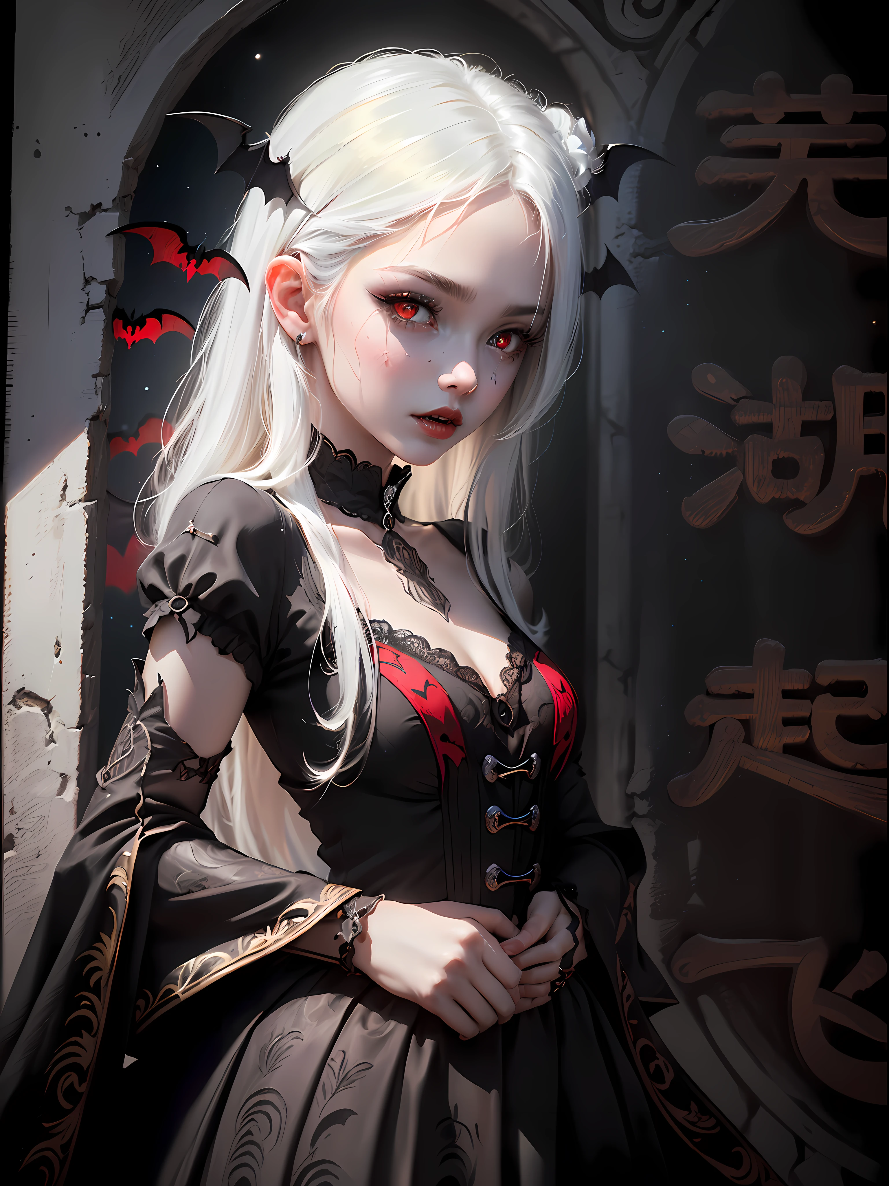 Close-up，closeup of face，(Petite female vampire loli，White hair，Red eyes，Highly detailed pupils，There are bat shadows in the pupils:1.3)，(black in color_Red Lolita costume，Black lace skirt，black lence stockings，sleeve:1.3)，black glove，Full moon night，Two fangs are exposed，quadratic element，Hyper Real，Ultra photo realsisim，2.5D，Face lighting，(Fair and delicate skin，Detail the eyes，Detailed engraving of the picture section:1.5),Textured，Highest image quality，Highest high resolution，high detal，Real hair，Semi-round skirt，Shadows in the night sky，Perfect human anatomy，dynamicposes，Reach forward with your hand，