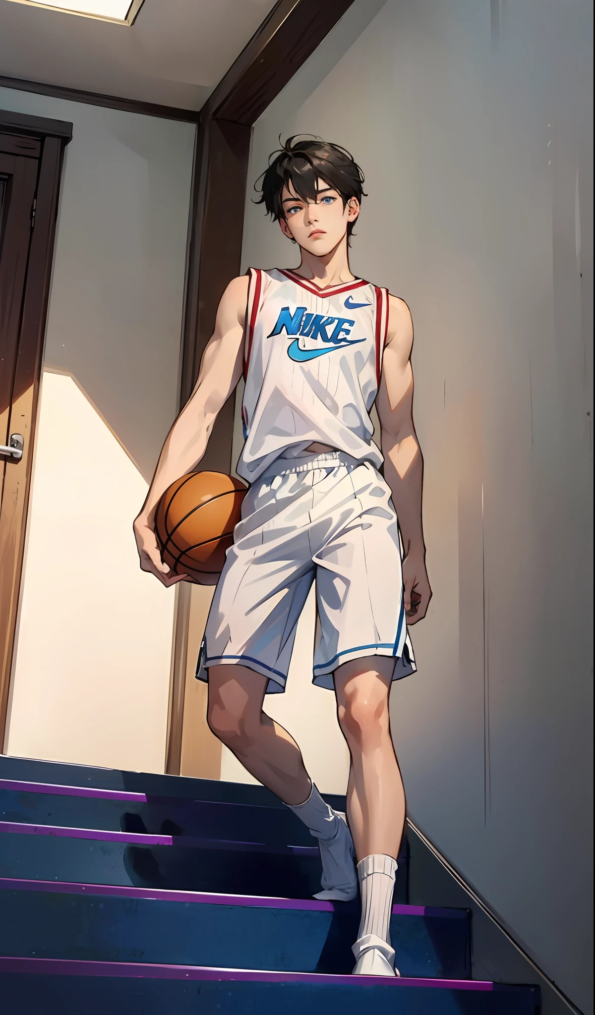 （hoang lap，A high resolution，Hyper-detailing），（（tmasterpiece）），（（best qualtiy：1.1）），A high resolution，8K，1boy，（Crotch bulge：1.1），shaded face，（White Nike basketball socks：1.1），（White ribbed socks：1.2），Socks are not present，Invisible socks，Toes under socks，shorter pants，Seamless socks，（puffynipple，（from below：1.1），
 eBlue eyes， looking at viewert， short detailed hair， Facial， athlete，
Stand on the steps of the school stairs，style of anime，inside in room，allure