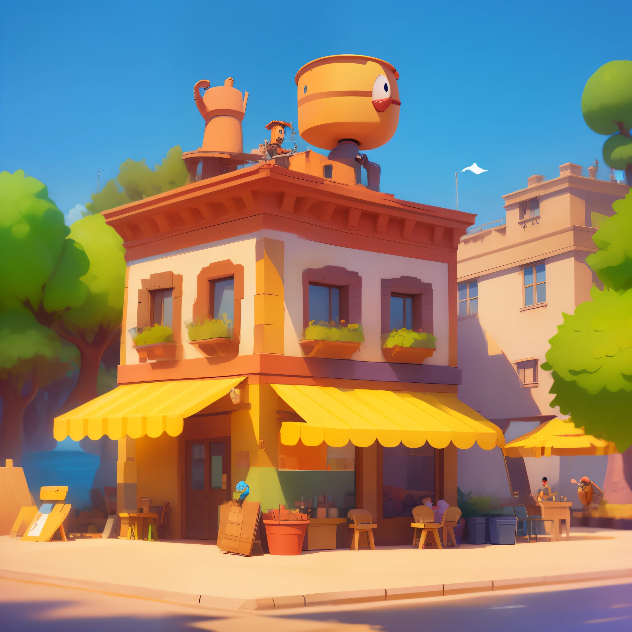 masterpiece, best quality, toon, building, Pixar style, simple design, people, trees Wine and Tan, Mechanic, soft