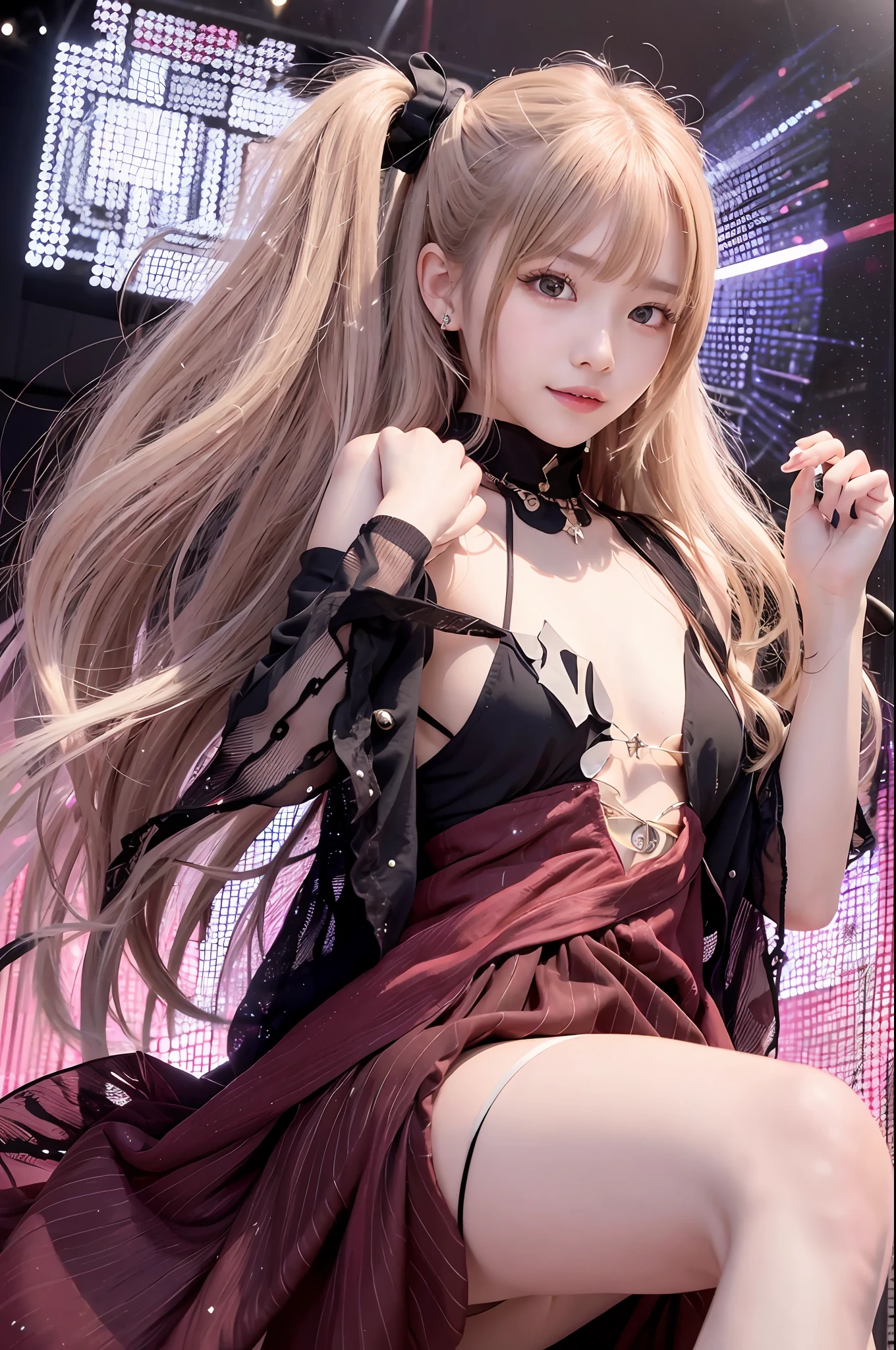 1girl, solo, Hoshino Ruby, symbol-shaped pupils, (left star-shaped pupils:1.2), sparkling eyes, (star in left eye:1.2), symbol in eye, red eyes, long hair, blonde hair, bangs, blush, (side ponytail:1.1), (dress:1.2), on the stage, idol, dancing, spotlight, smile, open mouth, (masterpiece:1.2), highres, best quality, 8k, very clear,