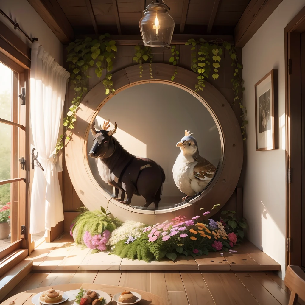 Imagine uma imagem que exala harmonia e gentileza: em uma mesa amorosamente preparada, Um prato com uma variedade de verduras frescas se destaca. The feeling of unity and care permeates every detail, while a fat ox looking through a window where there is a mother bird with two very cute chicks under its wing,8k