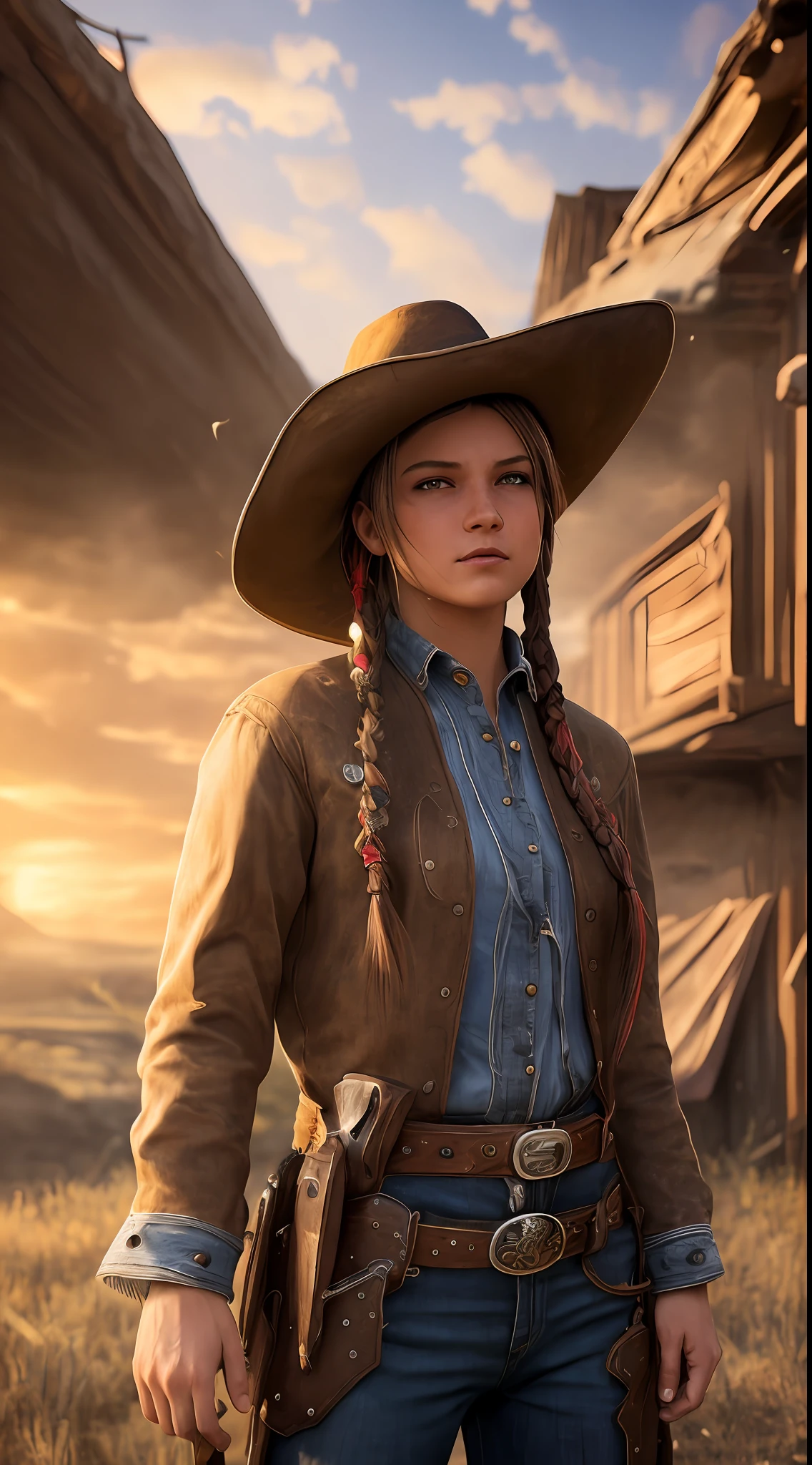 Photorealism, Epic Atmosphere,
prairie
(Masterpiece, Best Quality:1.2), Cowboy style, looking a viewer, twintails, hat, Transparent, combat stance, Happy on the street, 16k
hyperrealism, fantasy background,
cinematic, sharp focus, 16K.
High detail, Vibrant cinematic character rendering, Ultra fine model, Full HD