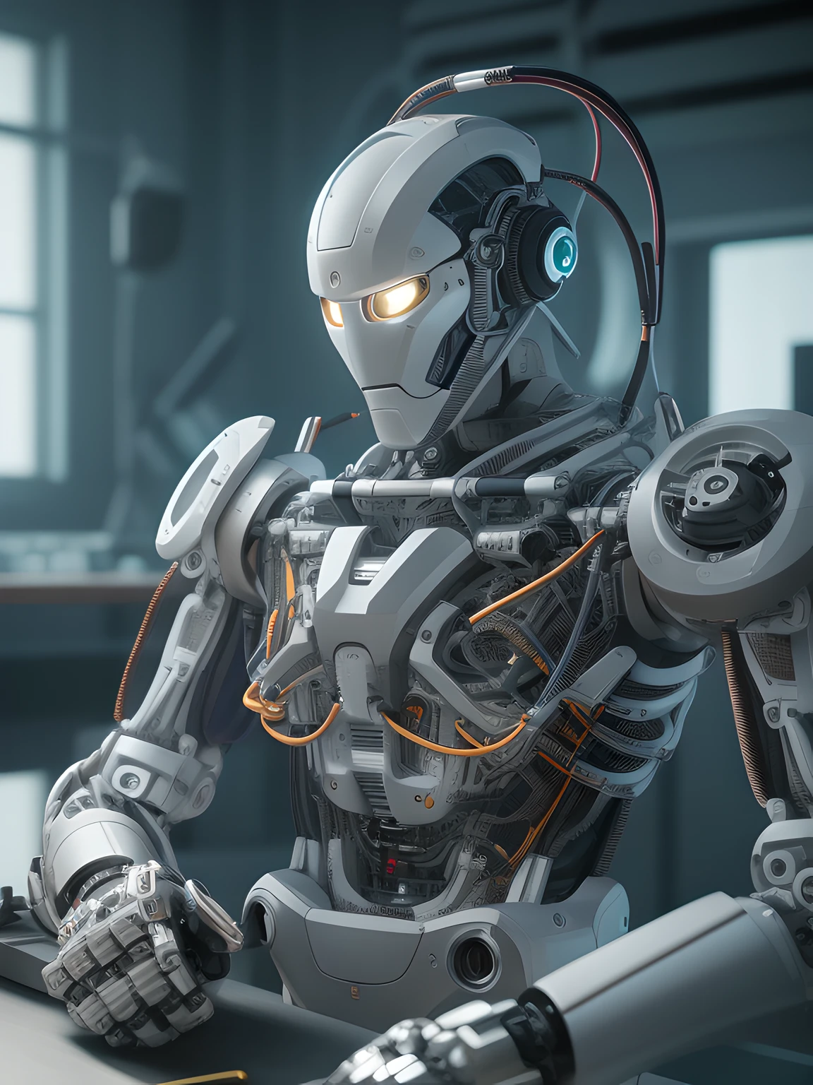 Intelligent bionic robot, male people, cyborg robot parts, The main body is fixed on the workbench for maintenance,  Many cables and wires are attached behind the body, micro Chip, Bright Studio, hyper photorealism, Highly detailed, Intricate details, softlighting, rim-light, rendering by octane, unreal engine 5 render, Mechanical public enemy style, 8K, Best quality, Masterpiece, Low ISO, White balance，high key lighting，Creates a soft and ethereal feel, with a shallow depth of field