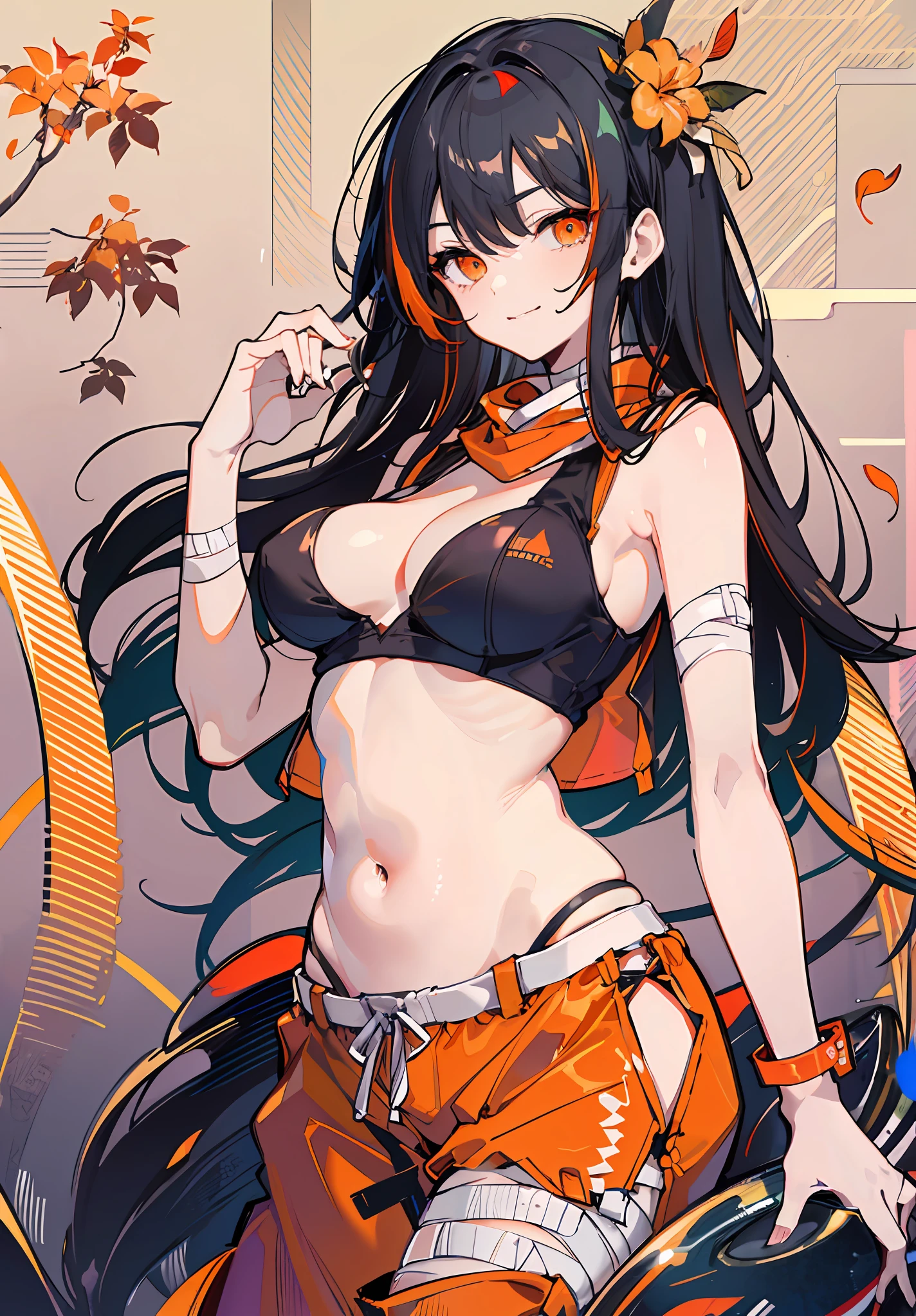 (((sly face))), ((calm eyes)), sly smile, black hair, red-orange eyes, orange streak of hair, ((black vest)), bandage bra, (((bandage sarashi))), sandals, middle east, open belly button, middle eastern clothes, bloomers, baggy red and orange pants, boomers, red-orange feathers, red-orange palm leaves, ruffly hair, open navel, (((gradient background))), exquisite lantern