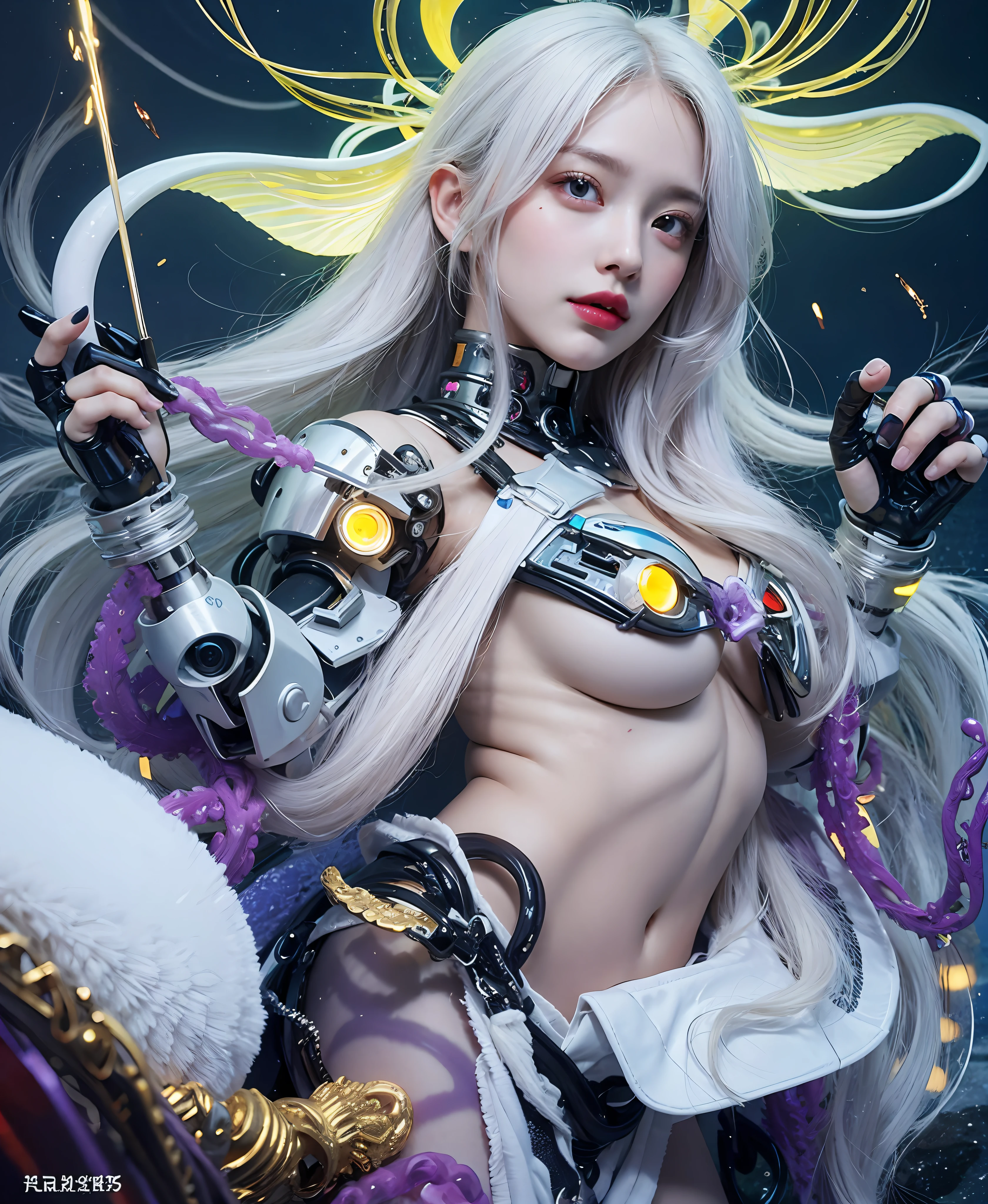 white hair、long fluttering hair、strong breeze、a purple eye、Luminous Eyes、Thick tentacles clinging to the body、White Latex Suit、Mollusk girl、Colossal tits、The face and chest are alive、Cleavage is visible。photoRealstic、portfolio、Biotech Cyborg、Gothloli details、tentaculata、Detailed biocomponents、Bundle of thin tubes、sea anemones、Nudibranch、Luminous tube、Detailed neon、Fine LED、Golden fine parts