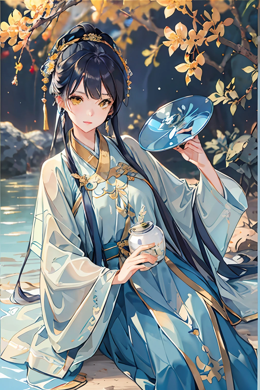 Best quality at best，Complicated details，A high resolution，（beautiful detailed  water：1.4），（Hanfu，Tang Feng），yellow eyes，（Girl in a glass jar：1.1），Blue hair