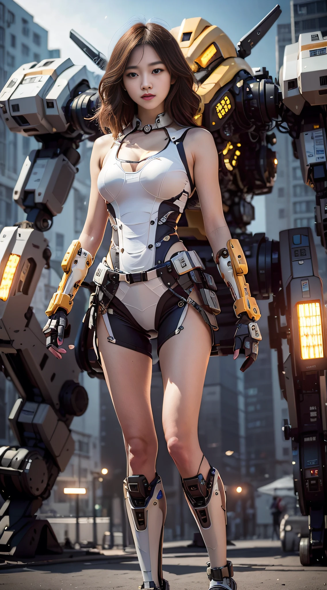 Realistic, masterpiece, best quality, colorful, (fine beautiful eyes and detailed face), natural lighting, extremely detailed CG Unity 8k wallpaper, ((masterpiece, best quality)), illustration, ultra-detailed 8K, realistic, clear focus, highly detailed, professional lighting, colorful details, rainbow colors BREAK factory super long shot, large mechanical robot build, microchip, computer, luminescence, intricate details, 1girl standing in front of the audience