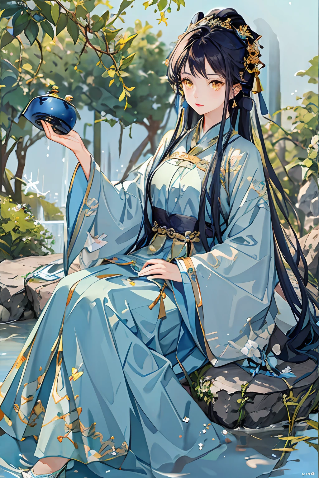 Best quality at best,Complicated details,A high resolution,(beautiful detailed water:1.4),(Hanfu,Tang Feng),yellow eyes,(Girl in a glass jar:1.1),Blue hair