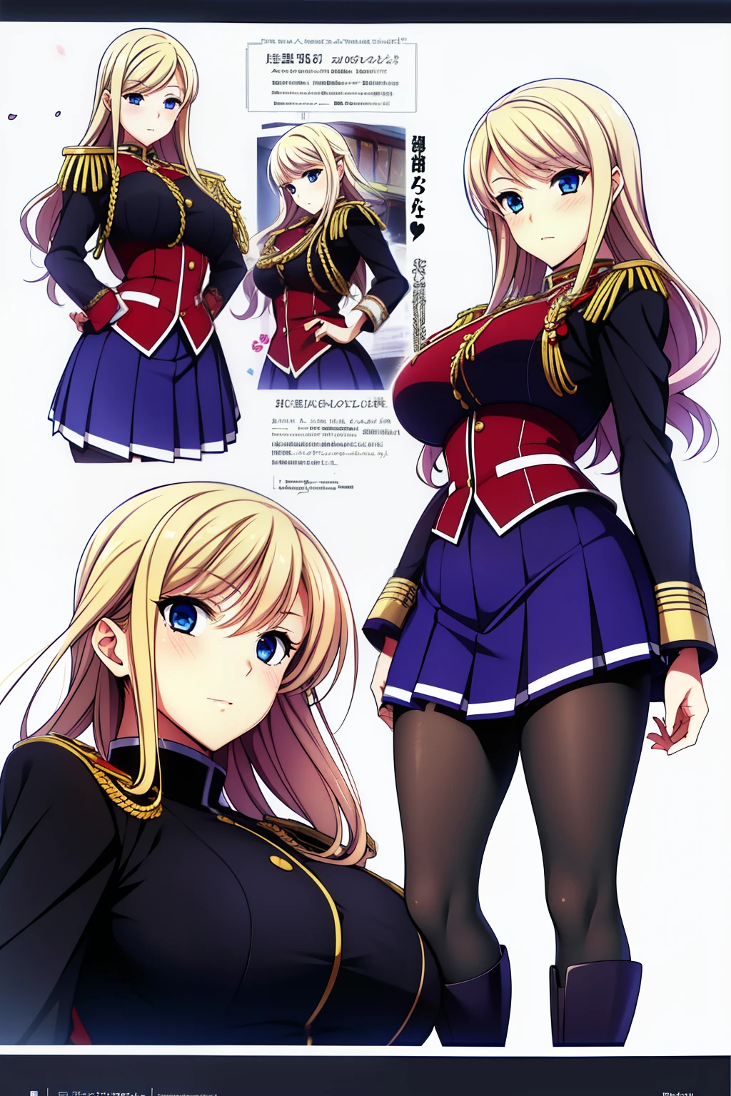 1girl is a beautiful young woman (considered by her peers) of average height with thigh-length blonde hair that has tight curls at the bottom and the front with bangs hanging over the right side of her face, blue eyes and an extremely well-endowed figure. She wears the standard Winford uniform, composed of a white long-sleeve shirt and a blue skirt with white linings. Her outfit is also decorated with some medals and accolades from her jousting victories displayed on her chests, black pantyhose and a pair of long, black leather boots.