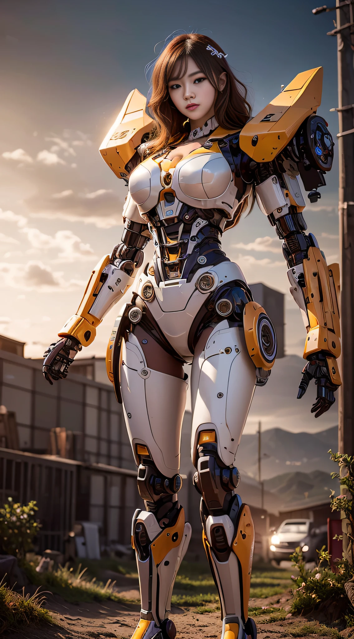 Realistic, masterpiece, best quality, colorful, (fine beautiful eyes and detailed face), natural lighting, extremely detailed CG Unity 8k wallpaper, ((masterpiece, best quality)), illustration, ultra-detailed 8K, realistic, clear focus, highly detailed, professional lighting, colorful details, rainbow colors BREAK factory super long shot, large mechanical robot build, microchip, computer, luminescence, intricate details, 1girl standing in front of the audience