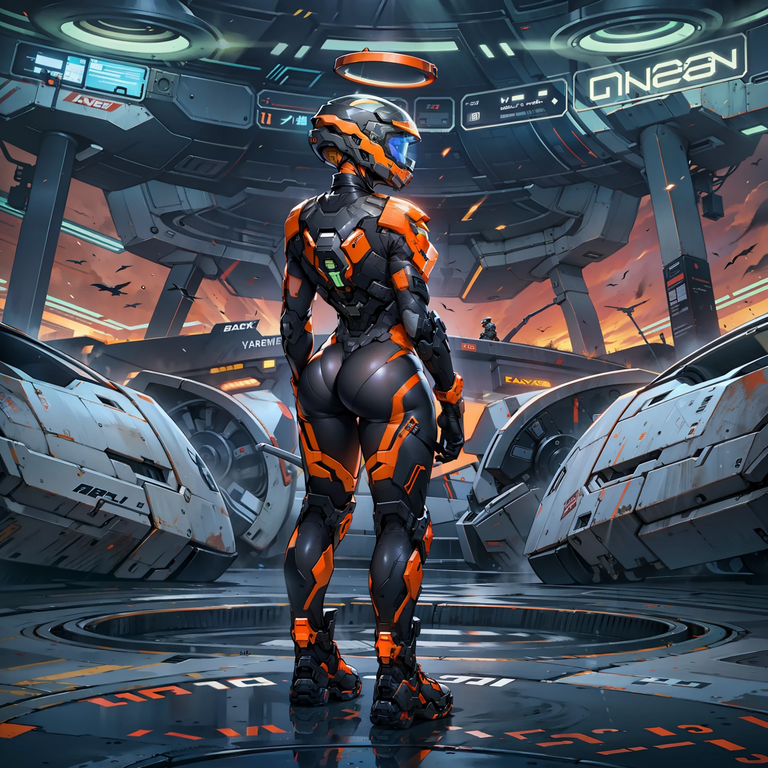 halo,only one girl,Black,Orange,Very long legs,standing on your feet,Full body photo,Back,helmet,Head forward,8K,The butt is round,focus on ass