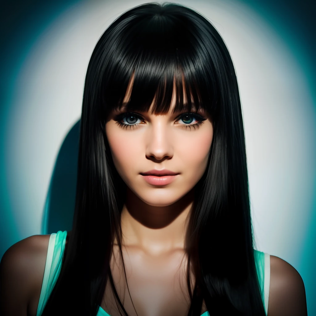 Melanie Martiniz,Black bangs,Pale color background,A little bit of neon light and shadow,realistic portrait photo,ssmile