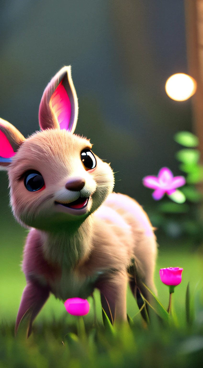 The cute little bunny waved and smiled in greeting me,unreal-engine,Ultra-detailed CG art,Cute fawn surrounded by ethereal roses,pastels,Low-light bokeh,aethereal,best qualtiy,detailed digital painting,cinematic ligh,Character design for Mark Raden and Pixar and Hayao Miyazaki,illusory 5,daz,ultra-realistic realism,Octane rendering,3DMDT1