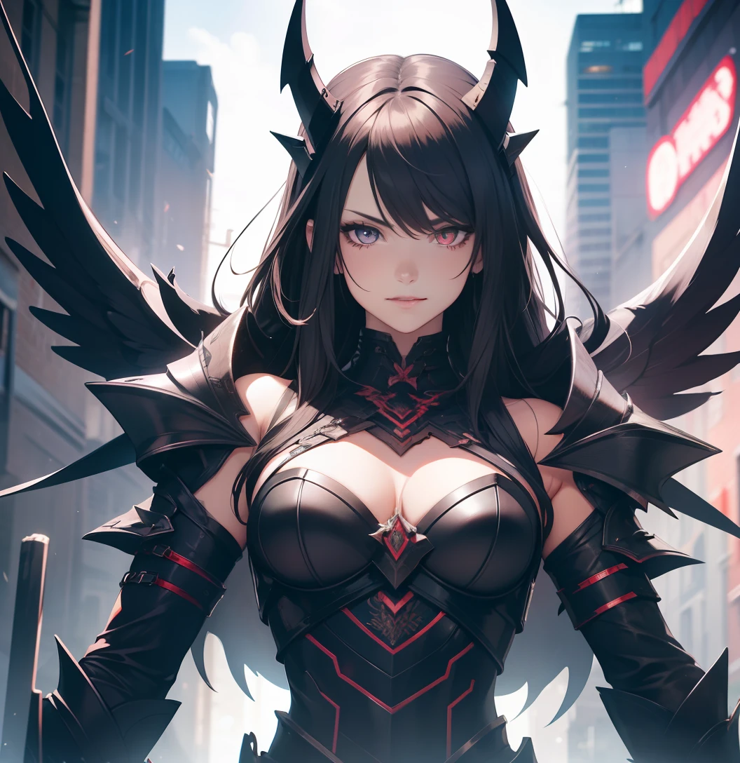 "High-resolution image of a dark demon angel in impressive clothing and detailed cyber armor. Beguiling face in high resolution."