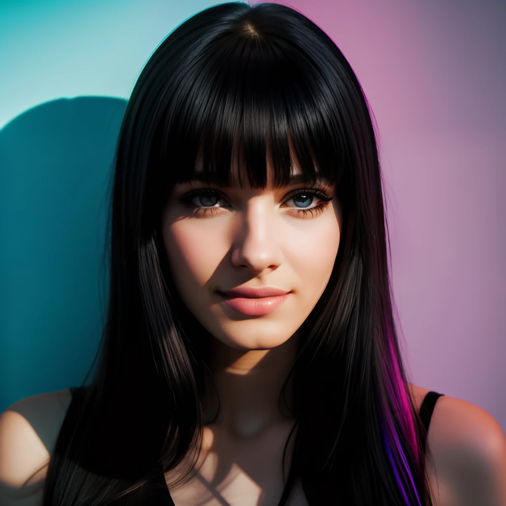 Melanie Martiniz,Black bangs,Pale color background,A little bit of neon light and shadow,realistic portrait photo,ssmile
