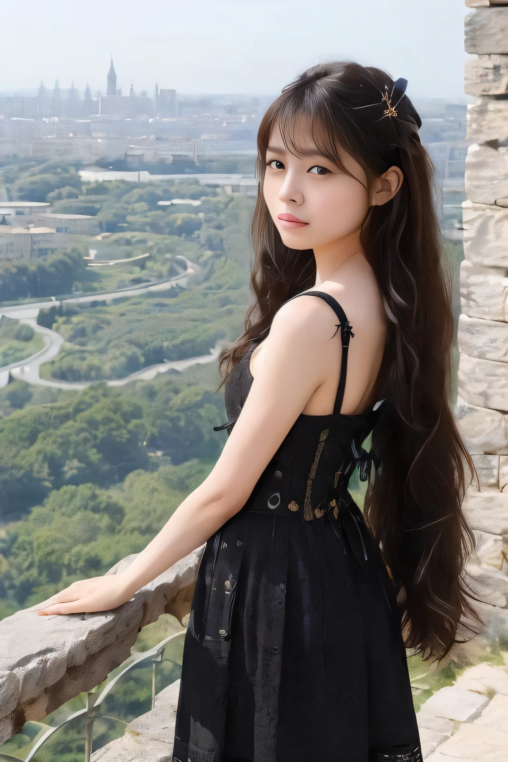 Envision a brave girl with long black hair, gazing out from a high tower. Her medieval-style dress reflects the ancient stone structure. Her eyes, filled with determination, overlook the sprawling landscape below. The tower's stone details, the panoramic view of the kingdom, and the setting sun casting long shadows provide a dramatic setting for her figure