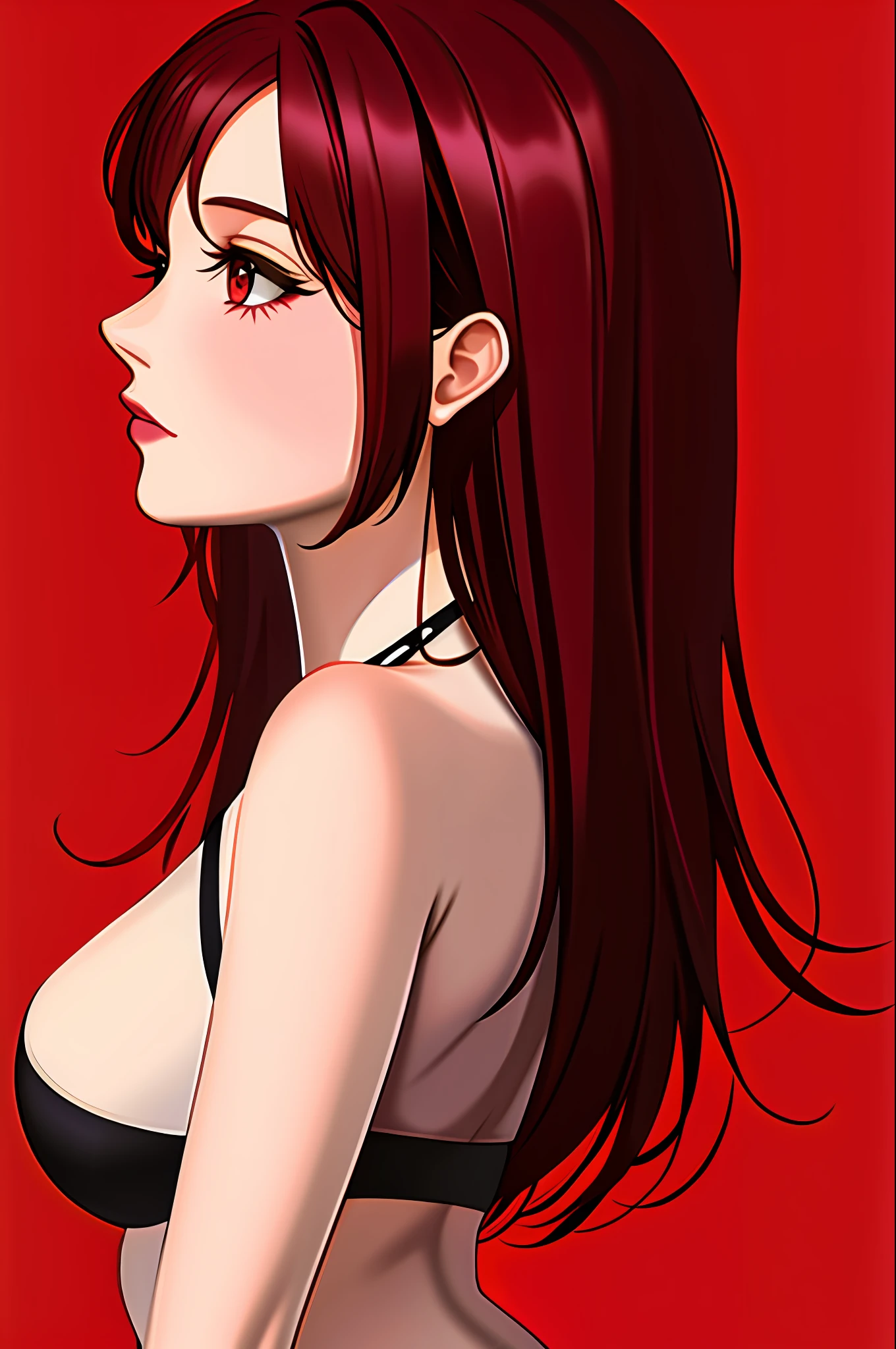 1girl, solo,red theme,looking at viewer,large breasts,portrait,from side,bad-girl,((mature female))