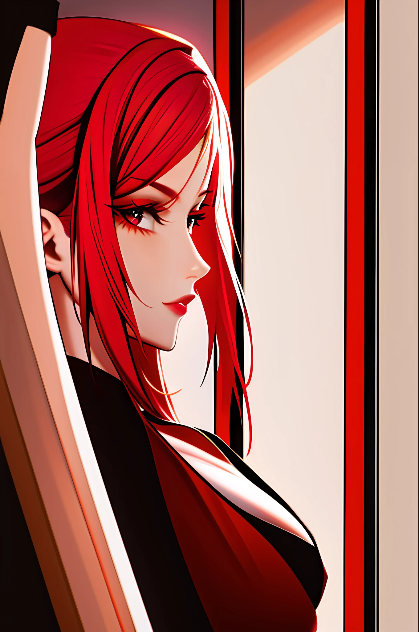 1girl, solo,red theme,looking at viewer,large breasts,portrait,from side,bad-girl,((mature female))