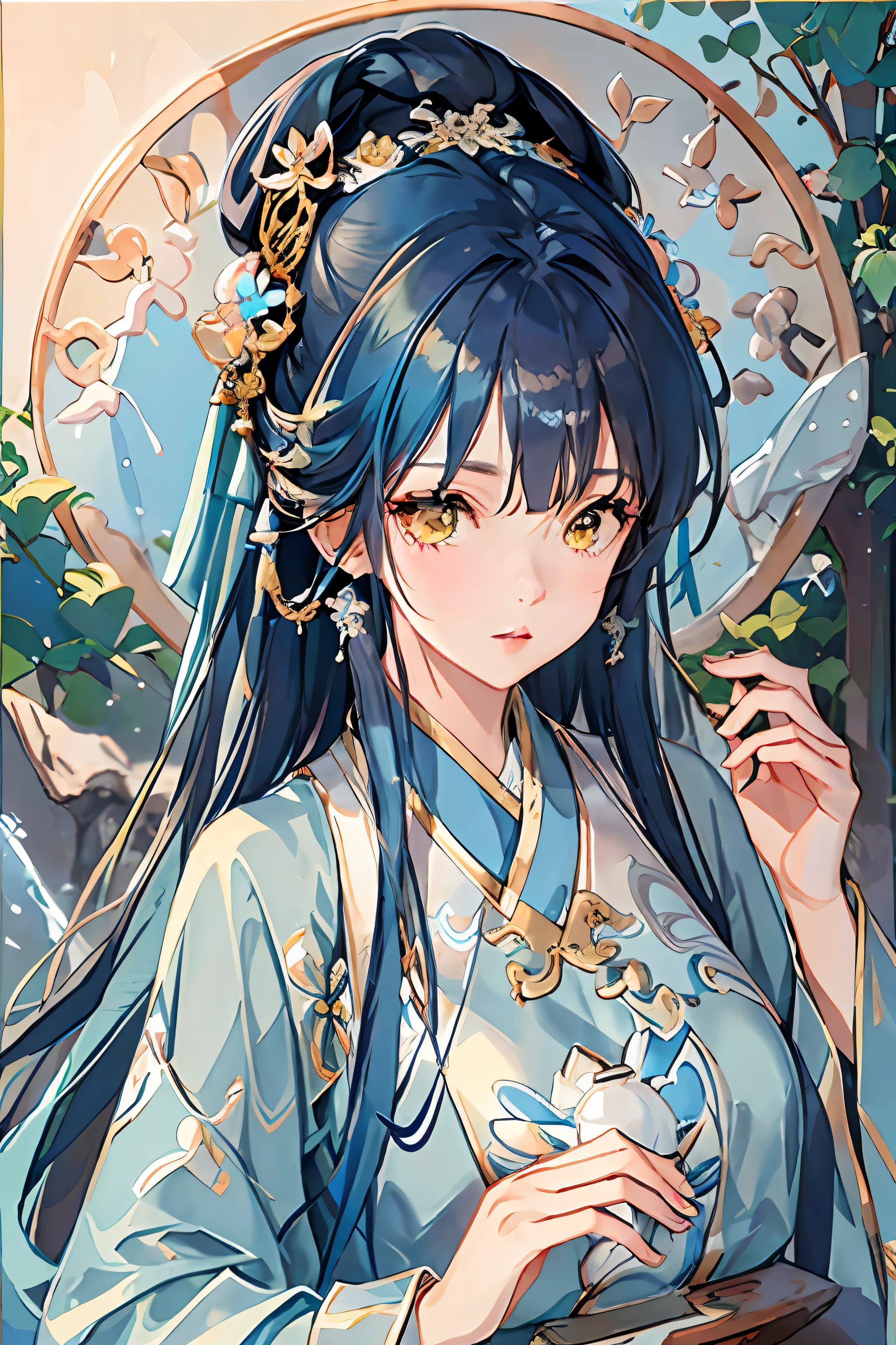 Best quality at best，Complicated details，A high resolution，（beautiful detailed  water：1.4），（Hanfu，Tang Feng），yellow eyes，（Girl in a glass jar：1.1），Blue hair