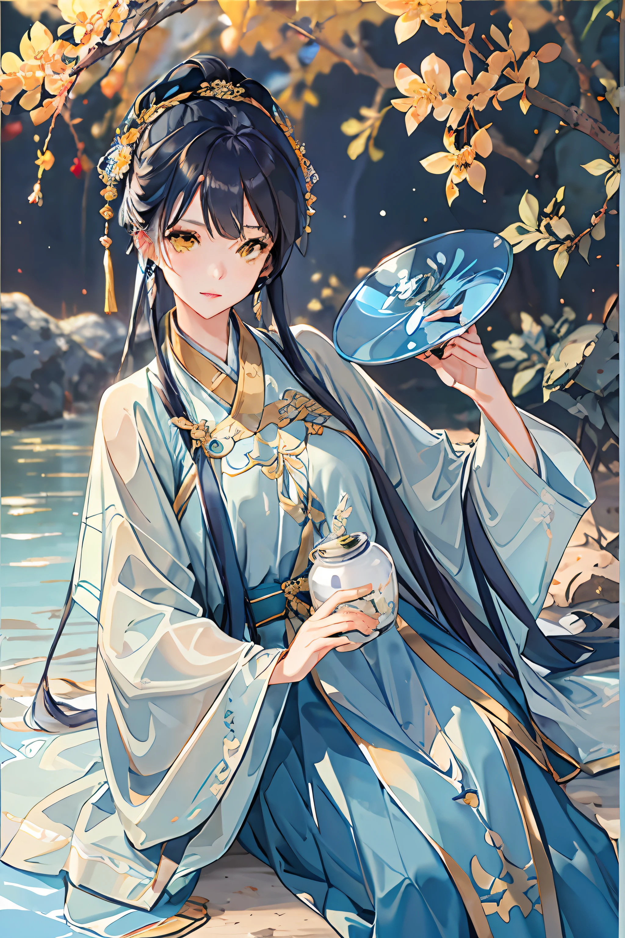 Best quality at best，Complicated details，A high resolution，（beautiful detailed  water：1.4），（Hanfu，Tang Feng），yellow eyes，（Girl in a glass jar：1.1），Blue hair