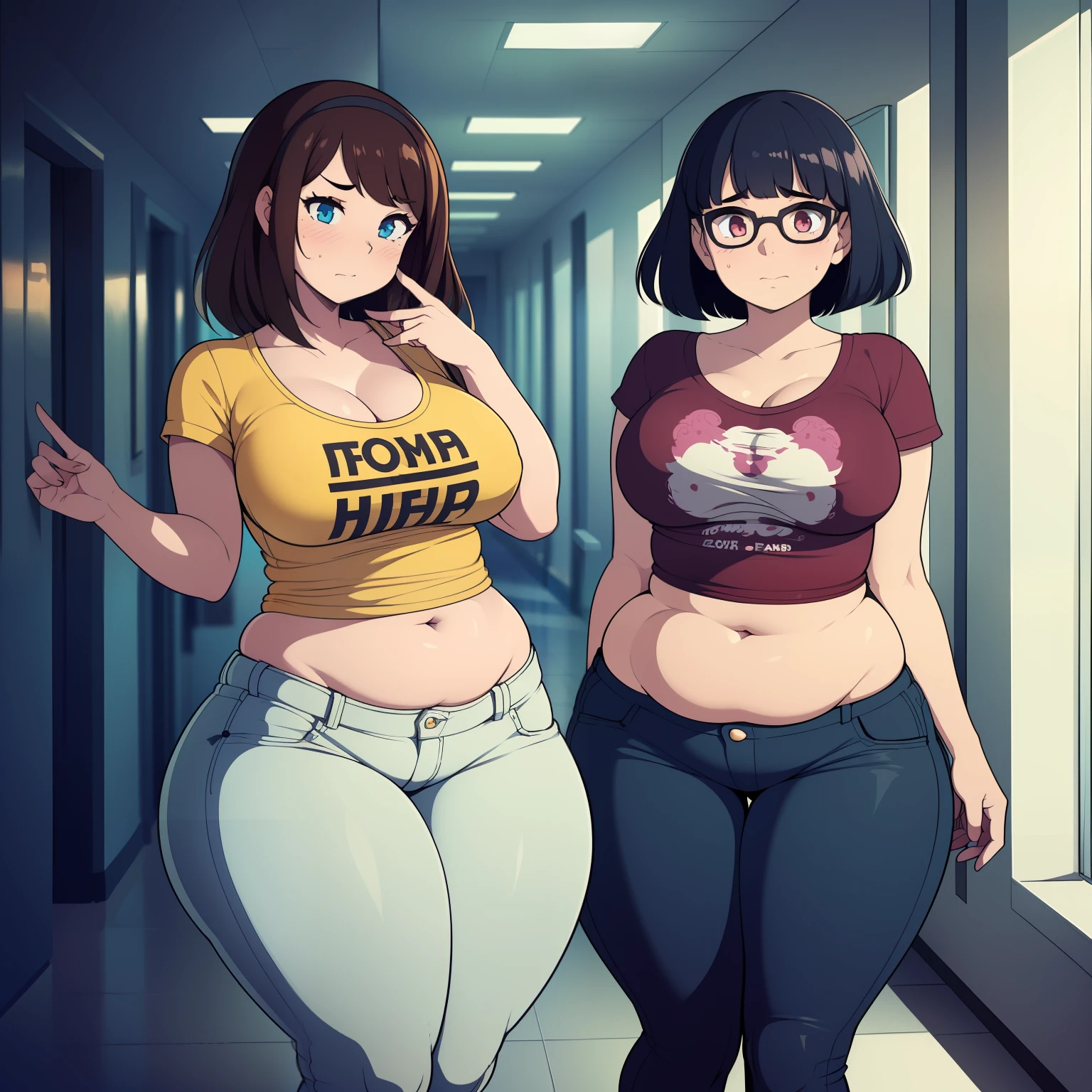 (((kipteitei art))), ((masterpiece)), (((best quality))), ((ultra-detailed)), (((illustration))), detailed face, detailed body, ((2girls)), ((Line art)), (in the style of cell shaded), (vivid colors), skindentation, (((fluffy hair))), looking at viewer, surprised, shocked, worried, tee shirt, blue jeans, skirt, (tight clothes), ((school hallway)), medium breasts, cleavage, perky breasts, tummy bulge, pudgy, soft body, gaining weight, (((wide hips))), ((((thick thighs)))), 2 girls standing next to each other, hip grab,