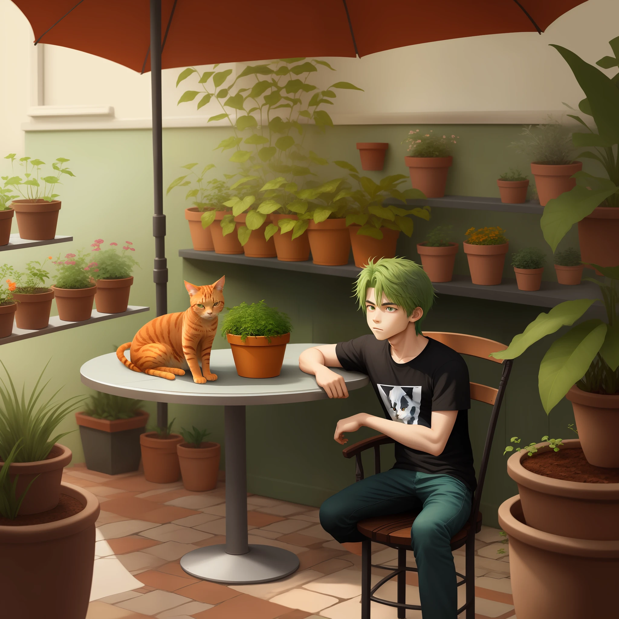 Green-haired boy sitting next to the table，There was an orange cat on the table，There are several potted plants next to it