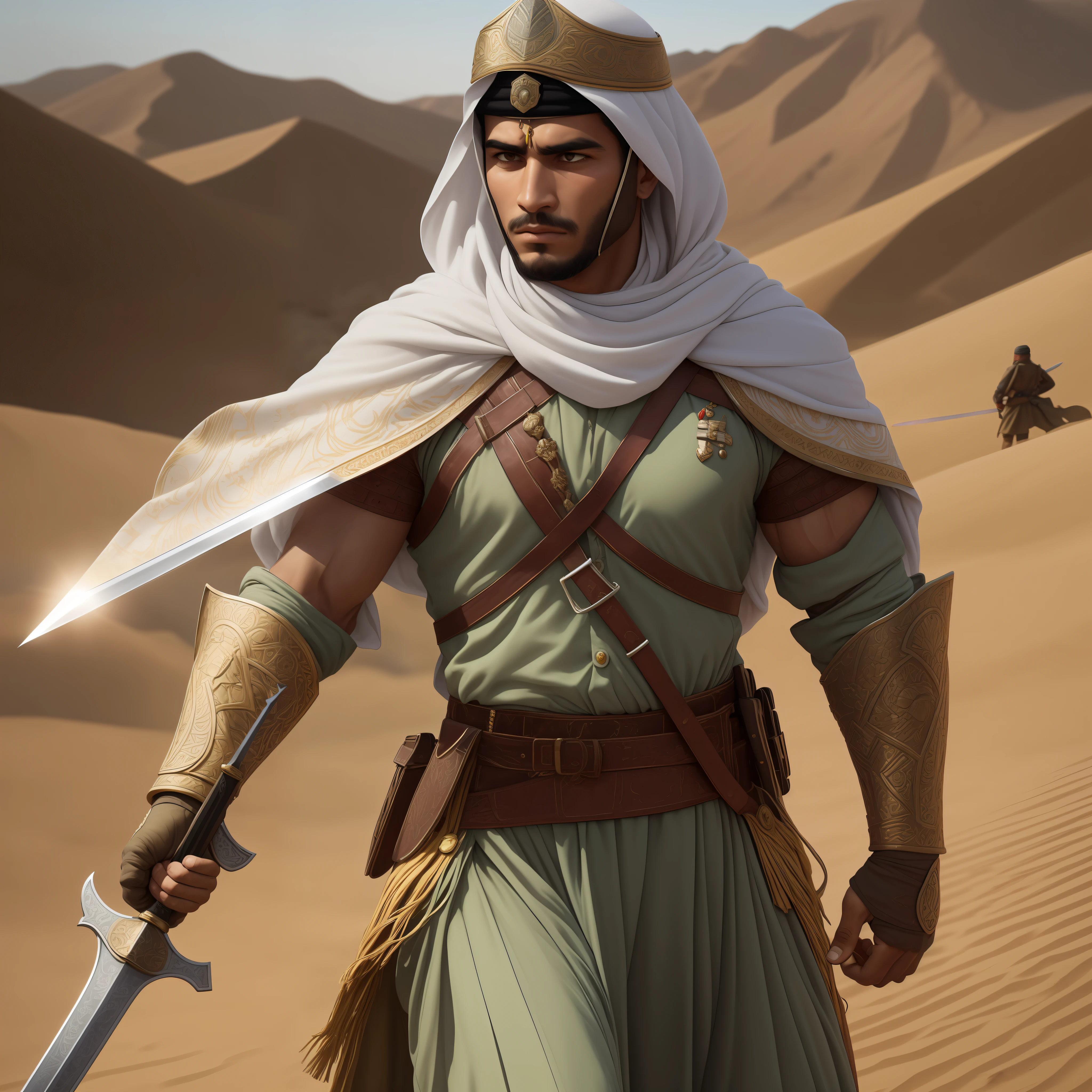 Step into the world of valor and courage with a captivating prompt featuring an Arab soldier wielding a gleaming sword. This evocative image depicts the soldier in the midst of an epic battle, standing tall and resolute. Clad in traditional armor that reflects the rich history and culture of the Arab region, the soldier exudes an aura of strength and determination.
The sword, held firmly in the soldier's hand, catches the light and glints with a sense of purpose. Its blade, carefully crafted with intricate details, symbolizes the soldier's unwavering commitment to protect and defend. With a backdrop of desert landscapes or ancient ruins, this scene immerses you in the timeless heritage of the Arab warriors.