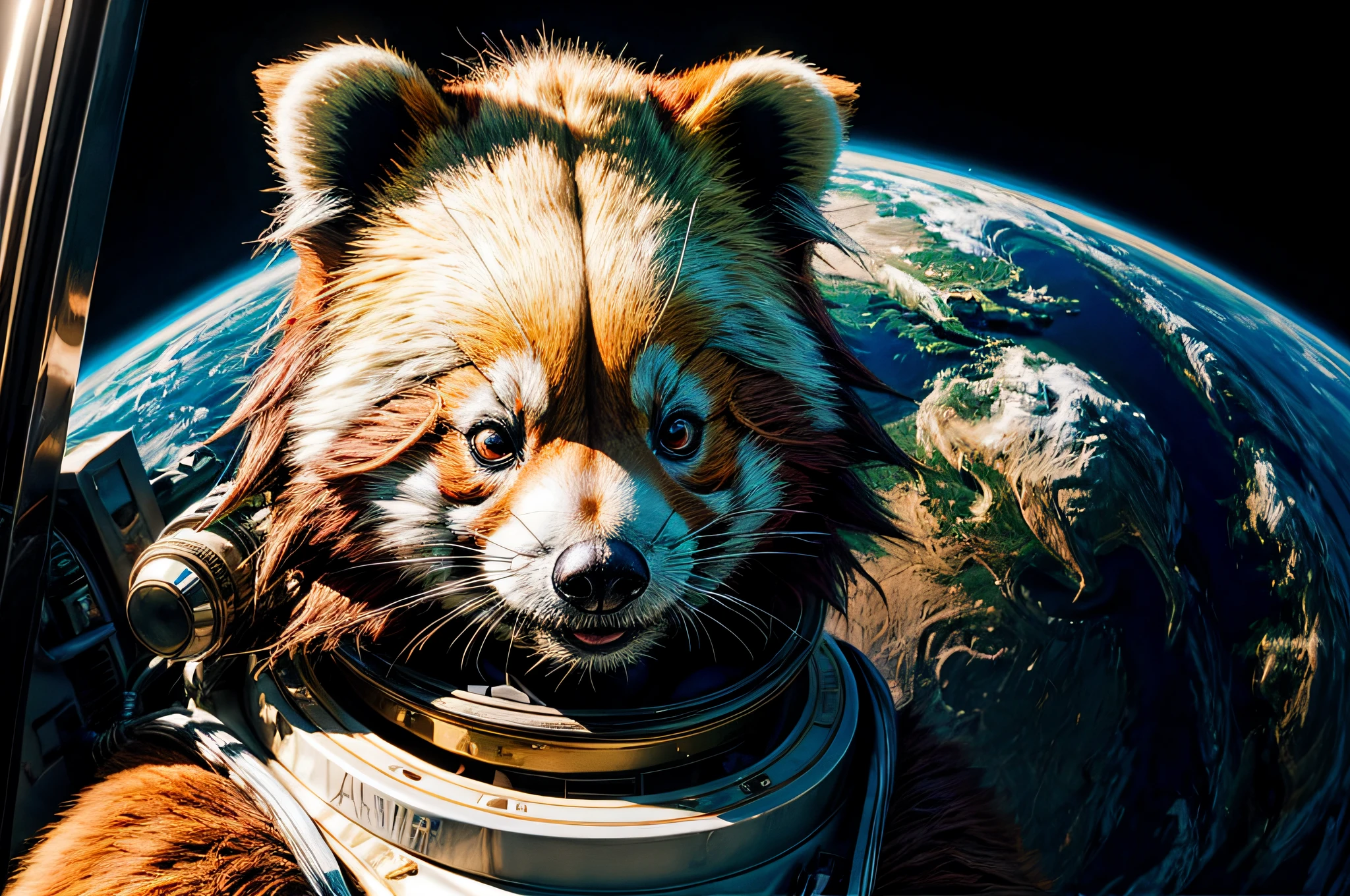 A red panda in a spacesuit looking at the camera, Astronaut Lesser Panda, Close-up portrait, The Earth in the Helmet, Background of the interior of the ship, (realisitic, realisitic_Background with, high_Resolution, Distinct_images:1.2), (Very complex, detailed light, detailed shadow:1.1), (F4 key, 1/800s, ISO 100, ...raw)