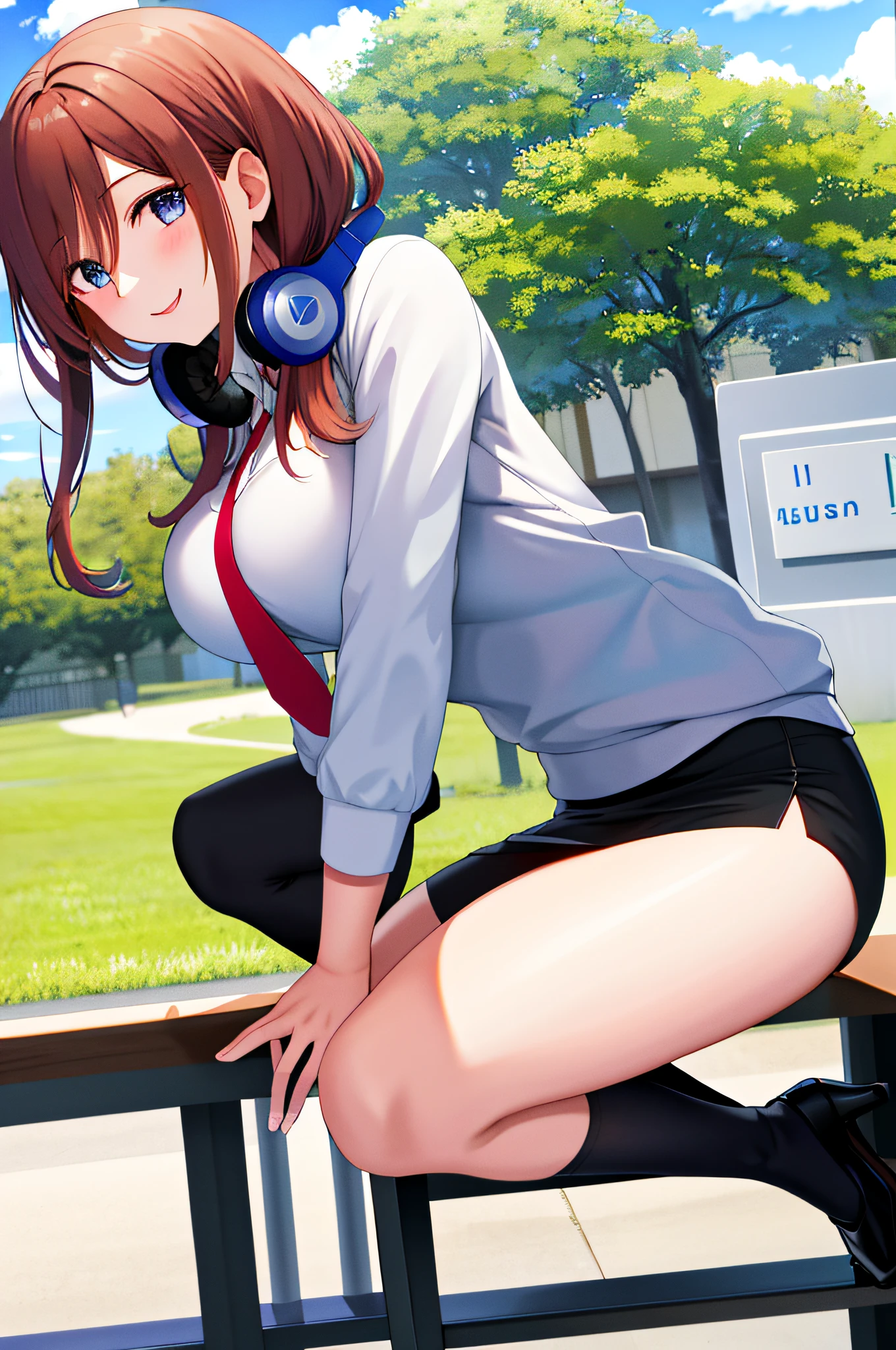 masterpiece, top-quality, hight resolution, nm1, Headphones around the neck, masterpiece、top-quality、1girl in、younggirl、brown-eyed、shorth hair、Happy smiling face、shinny skin、(Nice leg line:1.3)、thin-waist、huge breasts
BREAK
school uniform、neck tie、(pencil skirts))、high heels
break
park,crowd,depth of fields,Look at viewers,crouching down,from the rear,The upper part of the body,Legs sexy smile