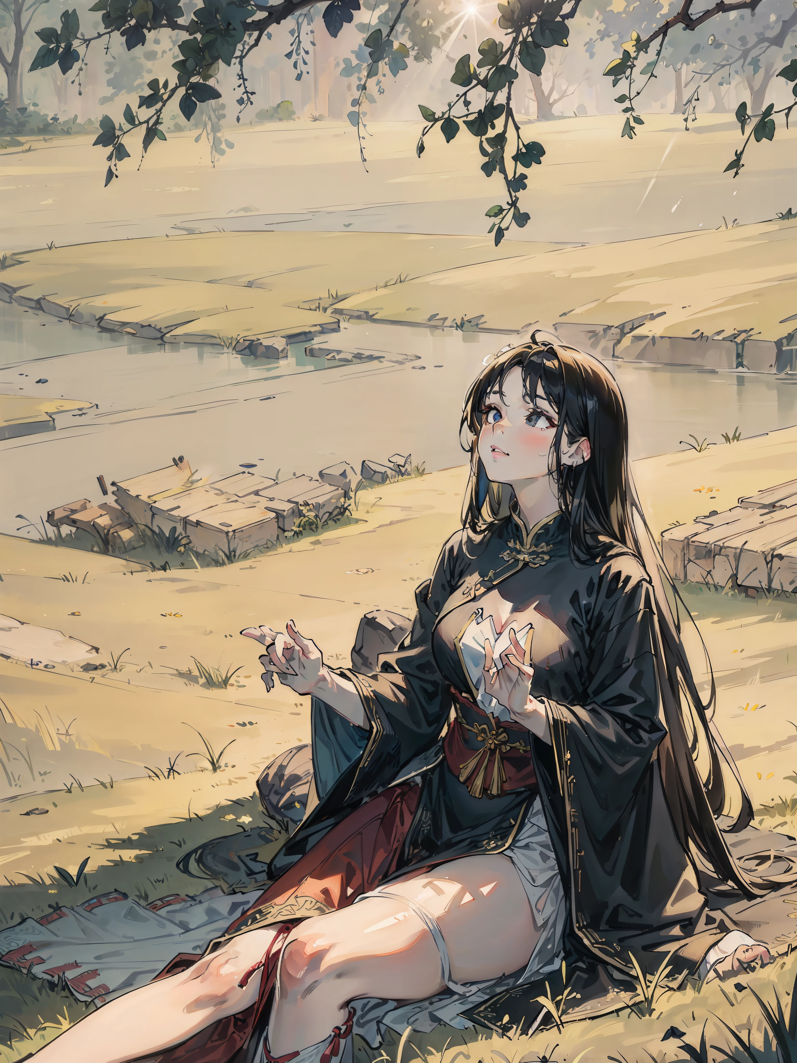 Need,tmasterpiece,A high resolution,(Delicate figure:1.5),Absolutely beautiful,(Milky skin:1.3),exquisitedetails,A high resolution,Wallpapers,1female,独奏,(cabelos preto e longos),(Bachelor uniform),sitted,(Sit on the lawn),(Side face shot),ssmile,eye closeds,rays of sunshine,Sunnyday,(Correct anatomy),((Black eyes)),(pretty eyes)16k,hdr,A high resolution,depth of fields,(filmgrain:1.1),Bocoon,prime time,(lens flare glow),Vignette,rainbowing,(Color:1.5)