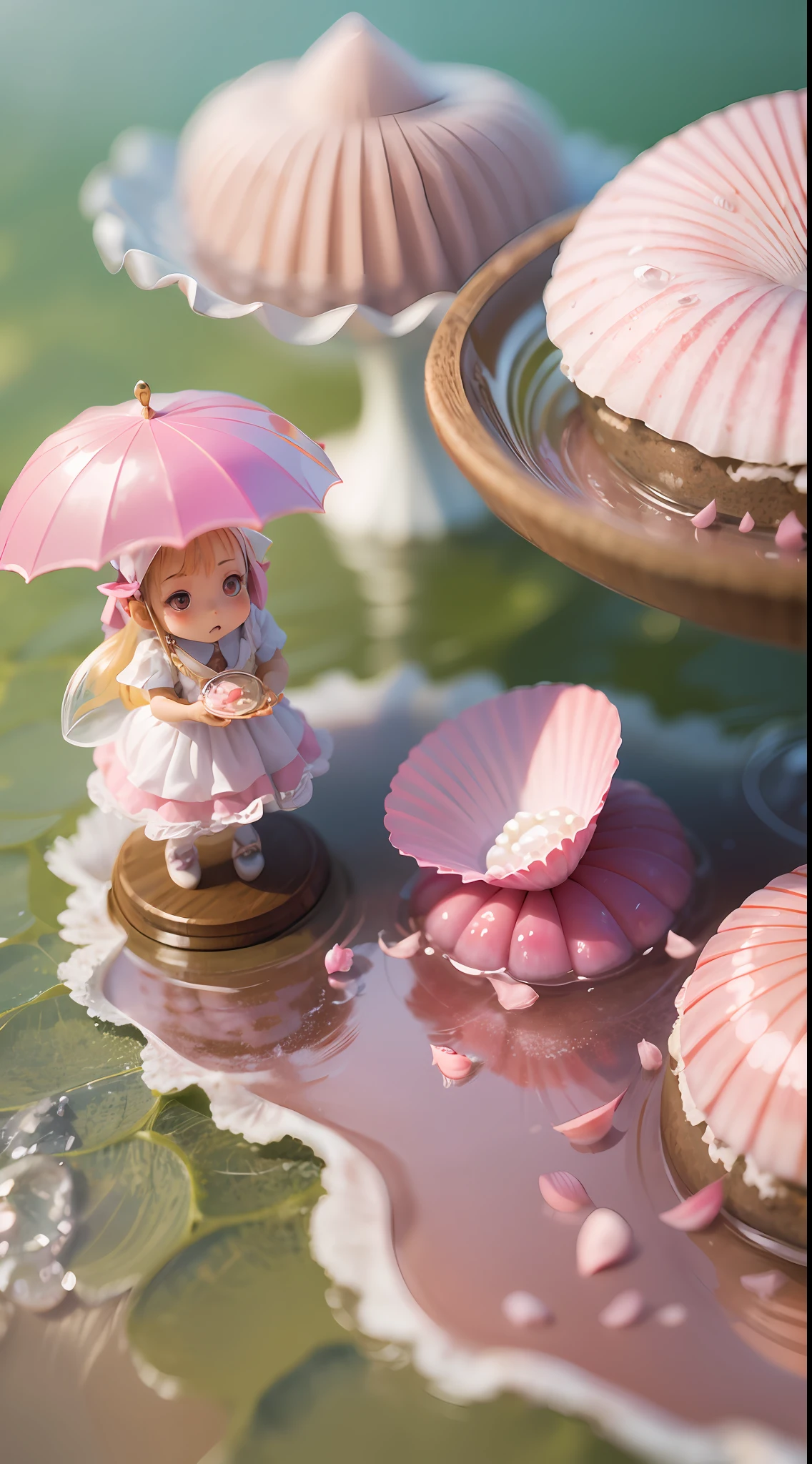 (8K, Raw photo, Best Quality, masutepiece: 1.2), (Realistic, Realistic: 1.37) There are many pink shells on the beach, there is water, pearlescent, pearls and shells, soft spills, pearling, pink jellyfish everywhere, soft 3D rendering, ethereal bubbles, bubble landscape, Iray shader, pastel pink, pink reflections, pearl sky, shells, paradise pink, Pastel colors, pink pastels, 貝殻の中の小さな妖精🧚♀️の女の子1人