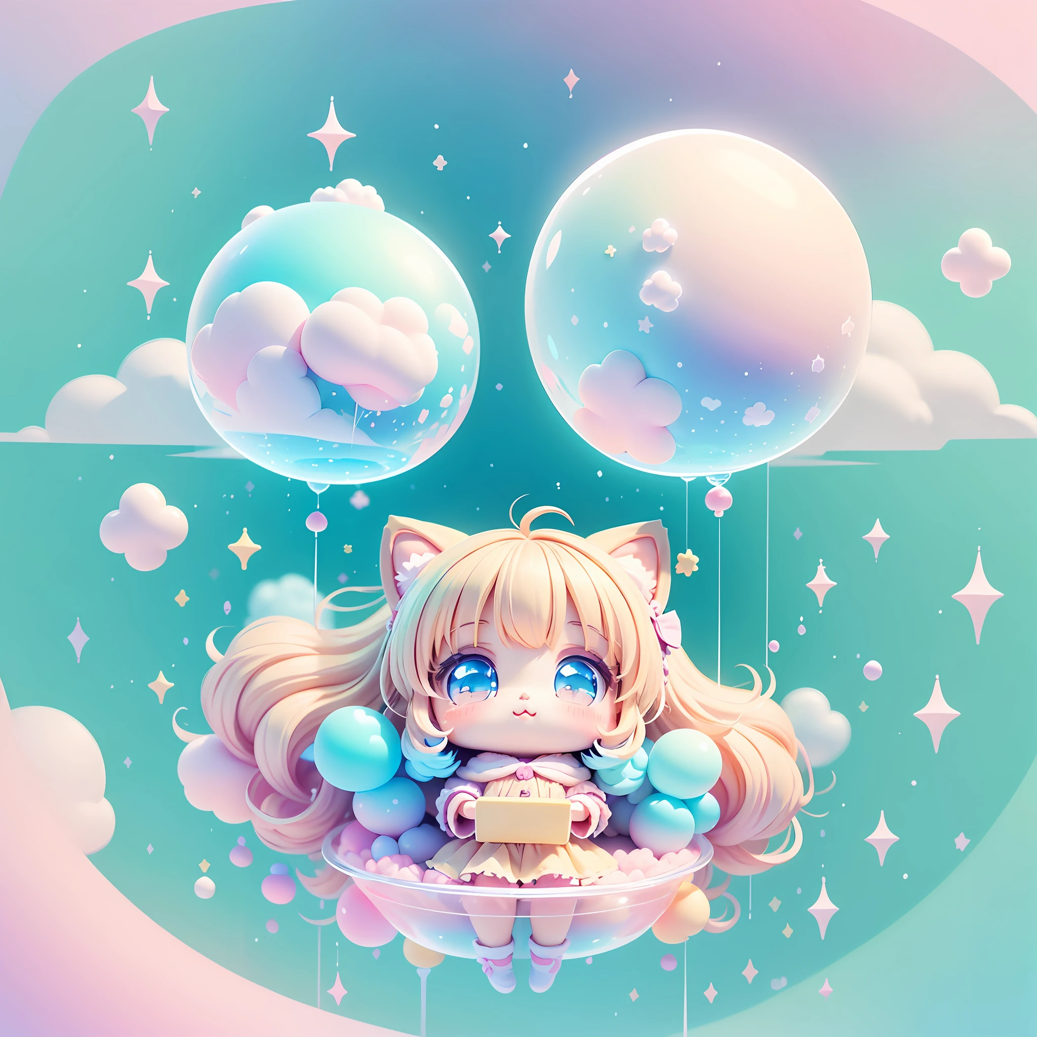 chibi looking up, leaning, bubbles around, kawaiitech, kawaii, cute, pastel colors, best quality, happy, reaching