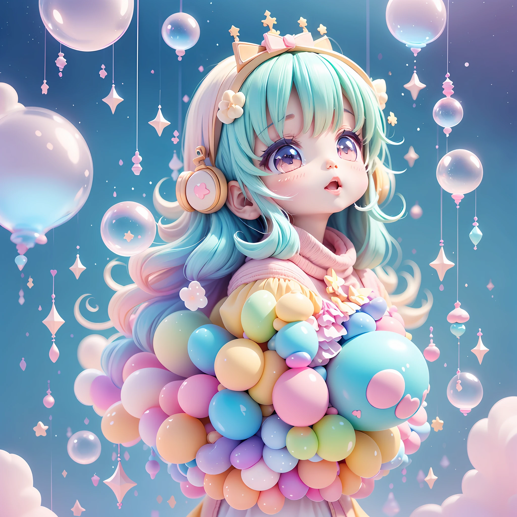 chibi looking up, leaning, bubbles around, kawaiitech, kawaii, cute, pastel colors, best quality, happy, reaching