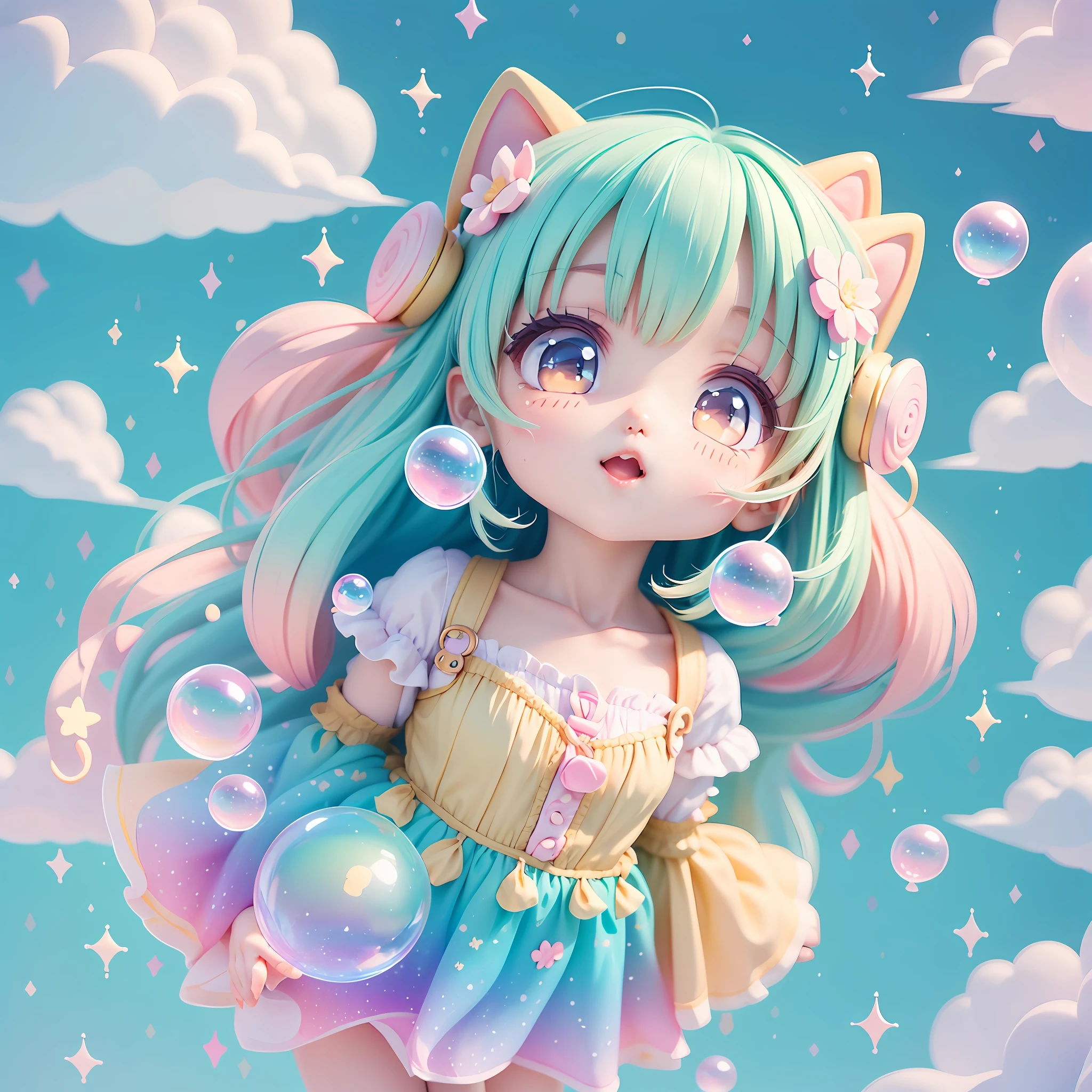 chibi looking up, leaning, bubbles around, kawaiitech, kawaii, cute, pastel colors, best quality, happy, reaching
