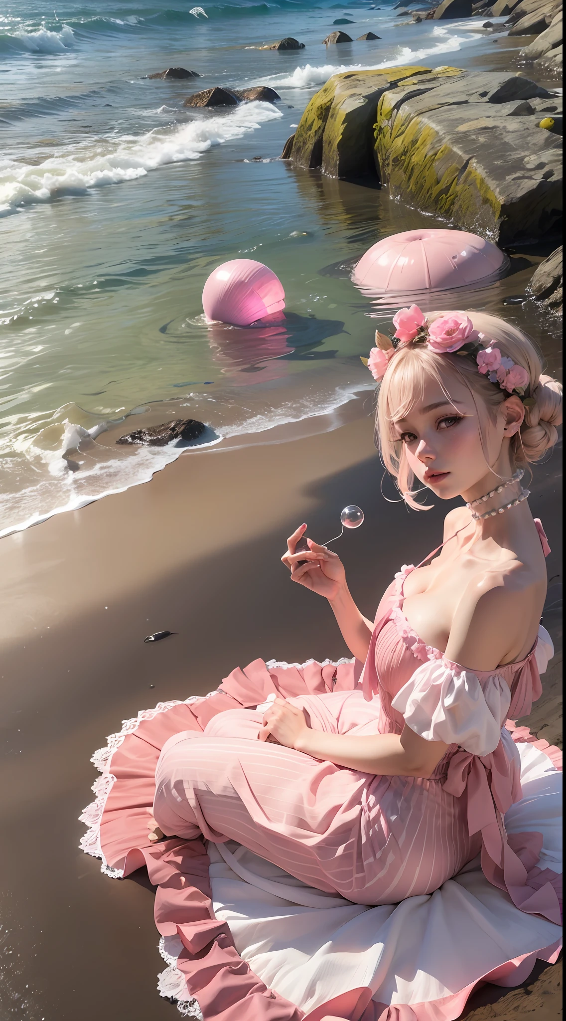 (8K, Raw photo, Best Quality, masutepiece: 1.2), (Realistic, Realistic: 1.37) There are many pink shells on the beach, there is water, pearlescent, pearls and shells, soft spills, pearling, pink jellyfish everywhere, soft 3D rendering, ethereal bubbles, bubble landscape, Iray shader, pastel pink, pink reflections, pearl sky, shells, paradise pink, Pastel colors, pink pastels, 貝殻の中の小さな妖精🧚‍♀️の女の子1人
