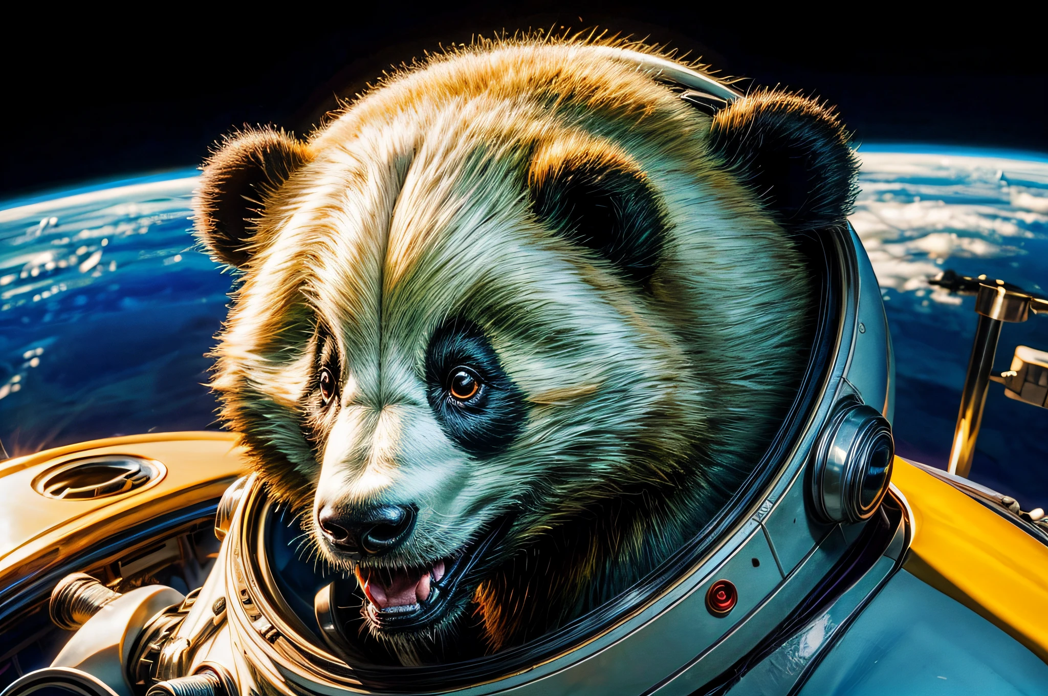 Panda in a spacesuit looking at the camera, Astronaut Panda, Close-up portrait, The Earth in the Helmet, Background of the interior of the ship, (realisitic, realisitic_Background with, high_Resolution, Distinct_images:1.2), (Very complex, detailed light, detailed shadow:1.1), (F4 key, 1/800s, ISO 100, ....raw)